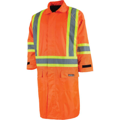 Imperméable long avec capuchon amovible, Nylon/PVC, Grand, Orange haute visibilité