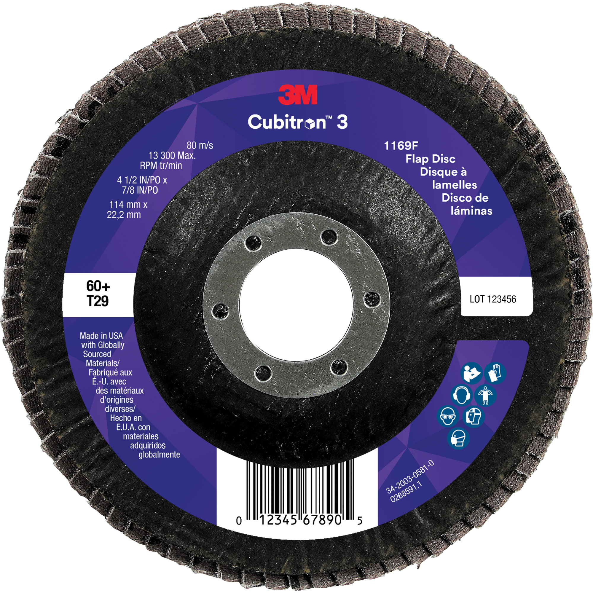 Disque à lamelles conique 1169F CubitronMC 3, 4-1/2" x 7/8", Type T29, Grain 60+, Céramique