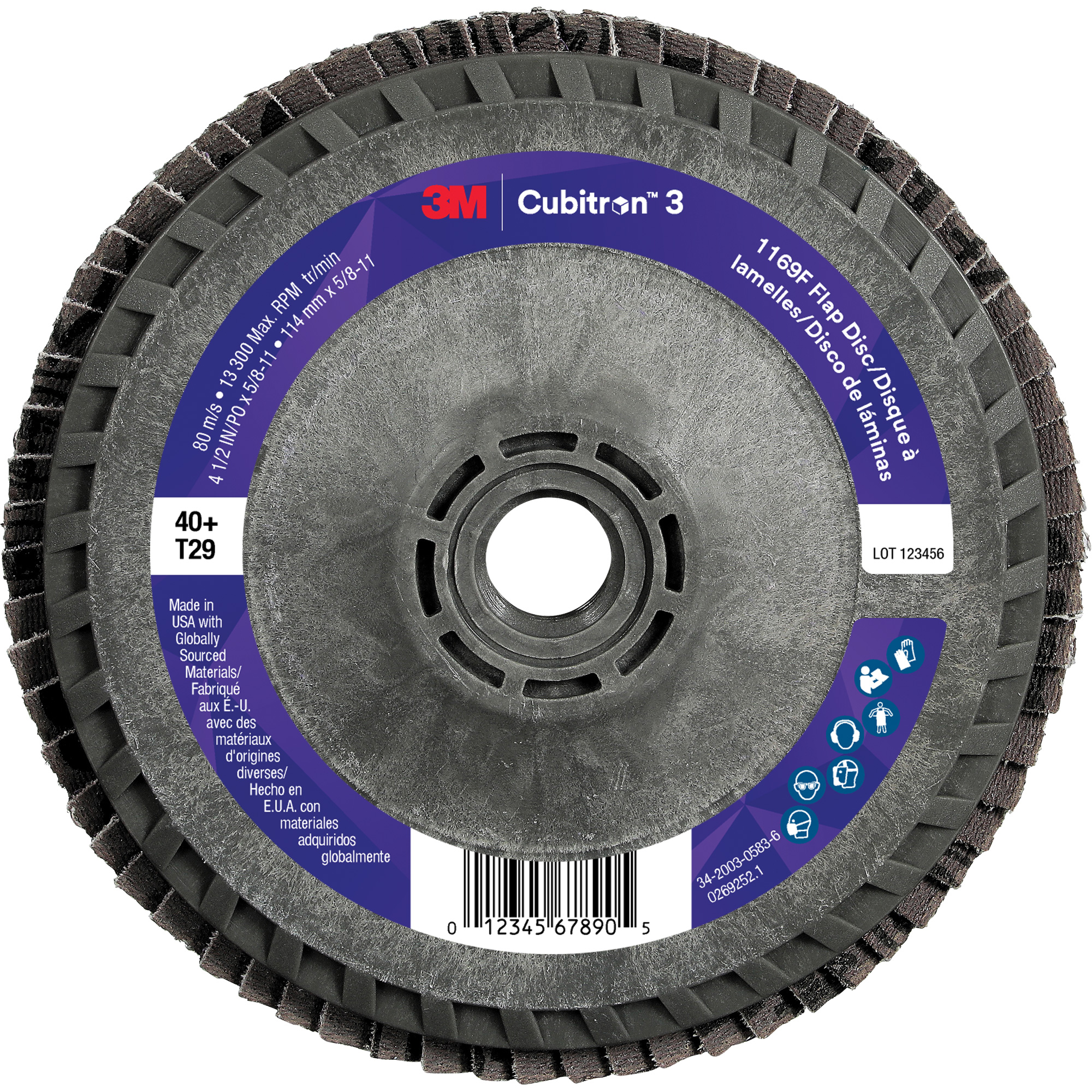 Disque à lamelles conique 1169F CubitronMC 3 à changement rapide, 4-1/2" x 5/8"-11, Type T29, Grain 40+, Céramique