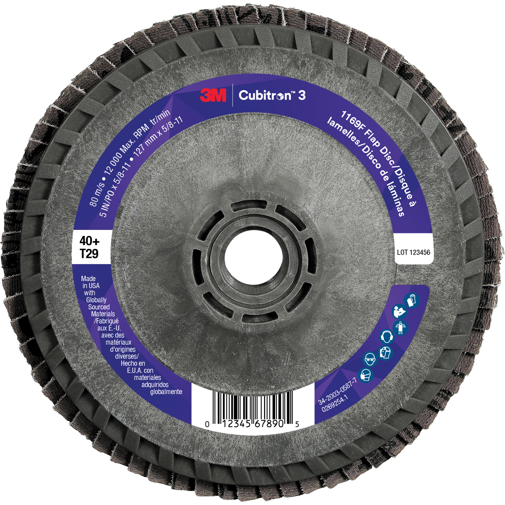 Disque à lamelles conique 1169F CubitronMC 3 à changement rapide, 5" x 5/8"-11, Type T29, Grain 40+, Céramique