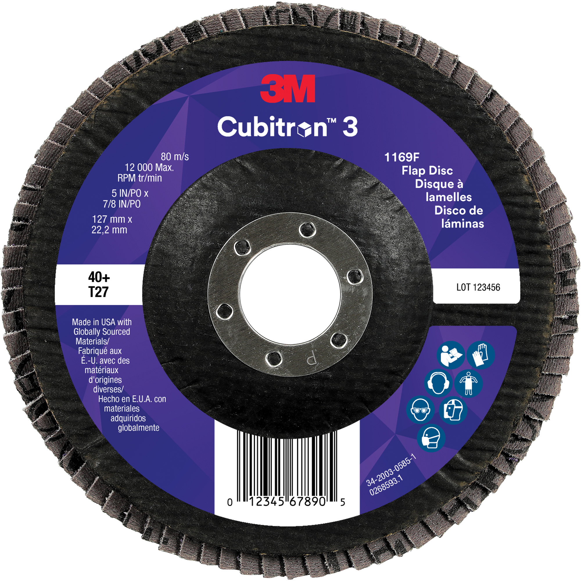 Disque à lamelles plate 1169F CubitronMC 3, 5" x 7/8", Type T27, Grain 40+, Céramique