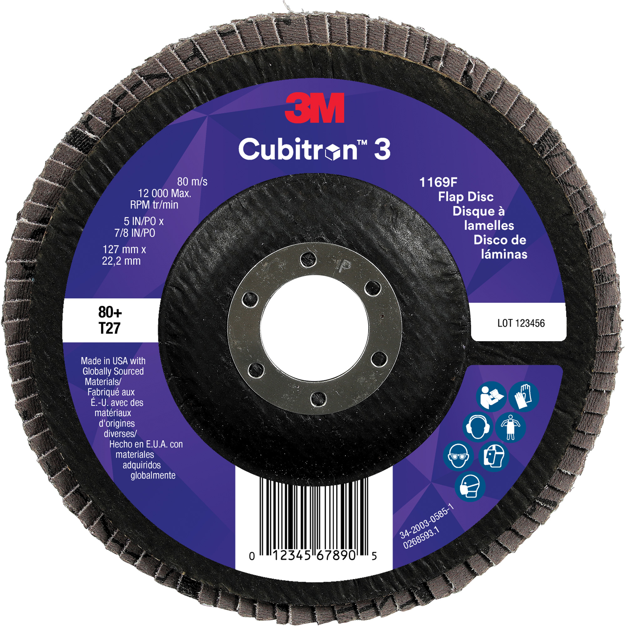 Disque à lamelles plate 1169F CubitronMC 3, 5" x 7/8", Type T27, Grain 80+, Céramique