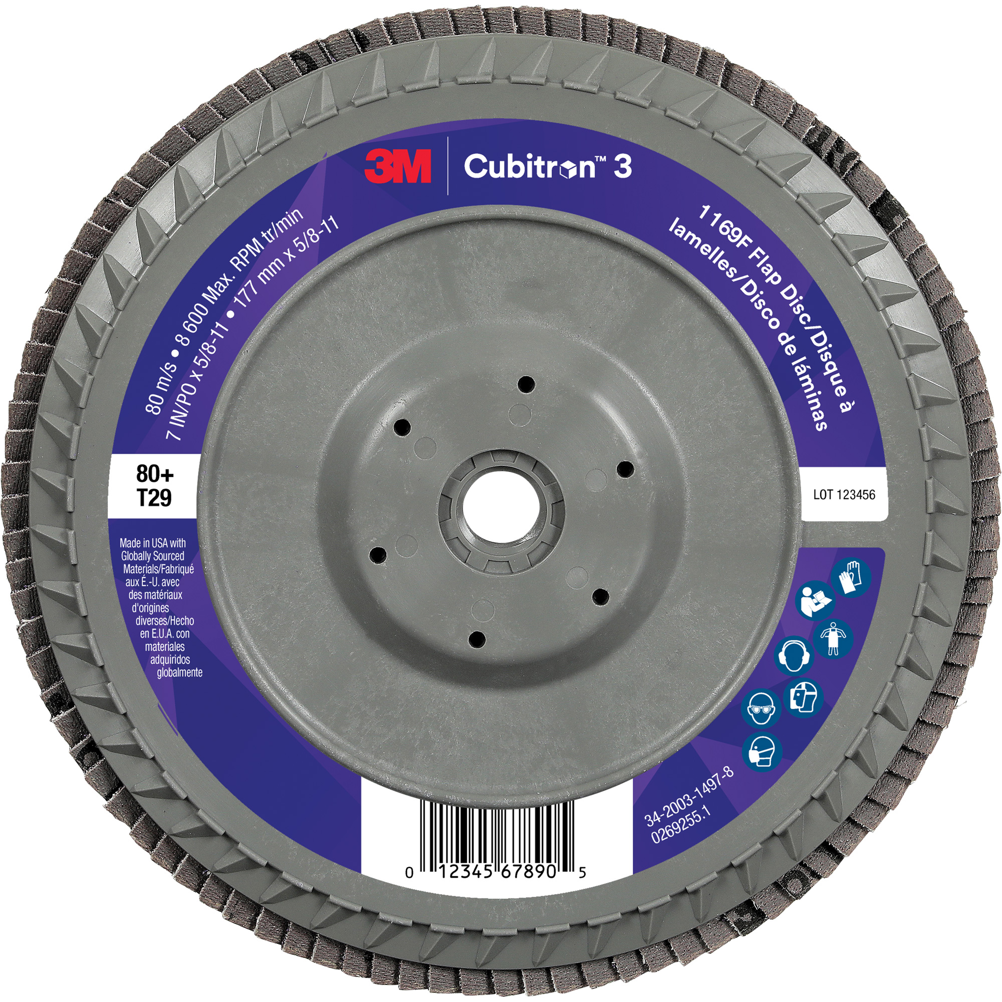 Disque à lamelles plate 1169F CubitronMC 3, 7" x 5/8"-11, Type T29, Grain 80+, Céramique