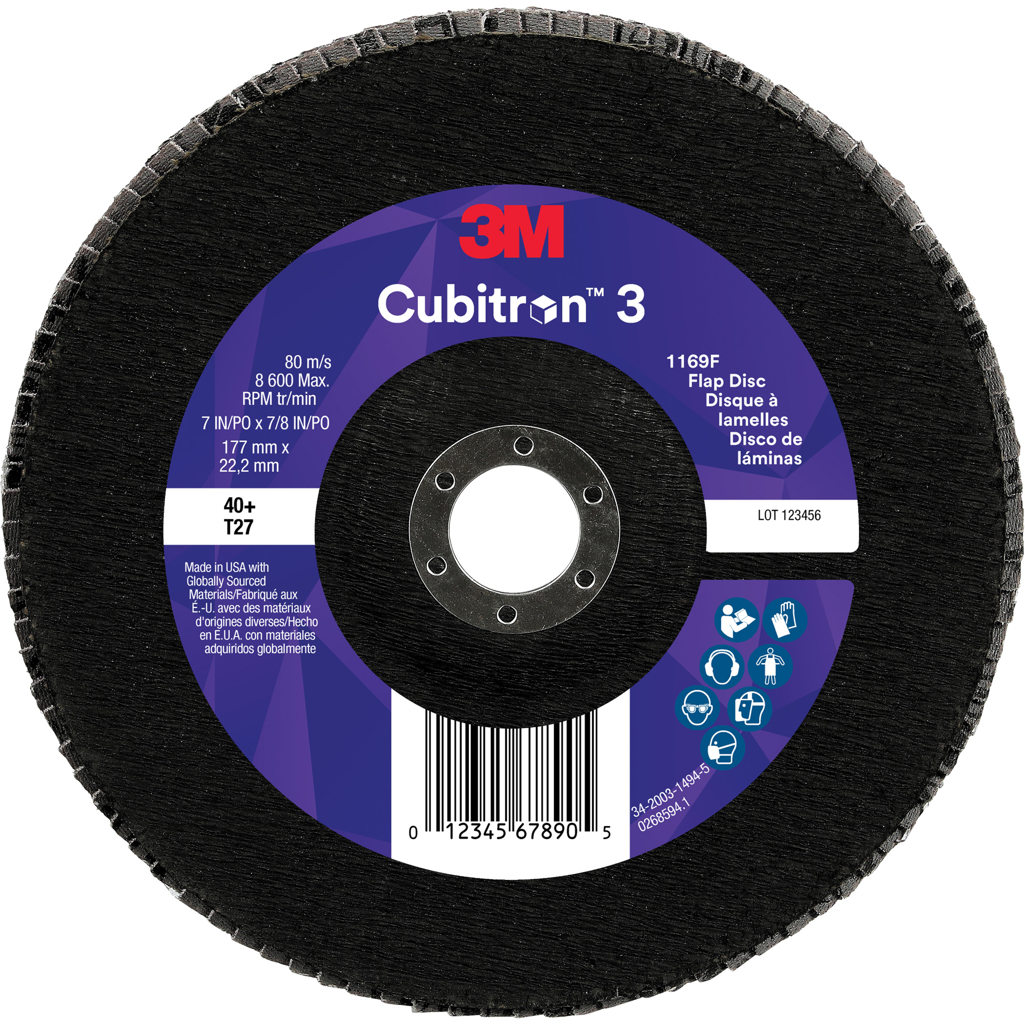 Disque à lamelles plate 1169F CubitronMC 3, 7" x 7/8", Type T27, Grain 40+, Céramique