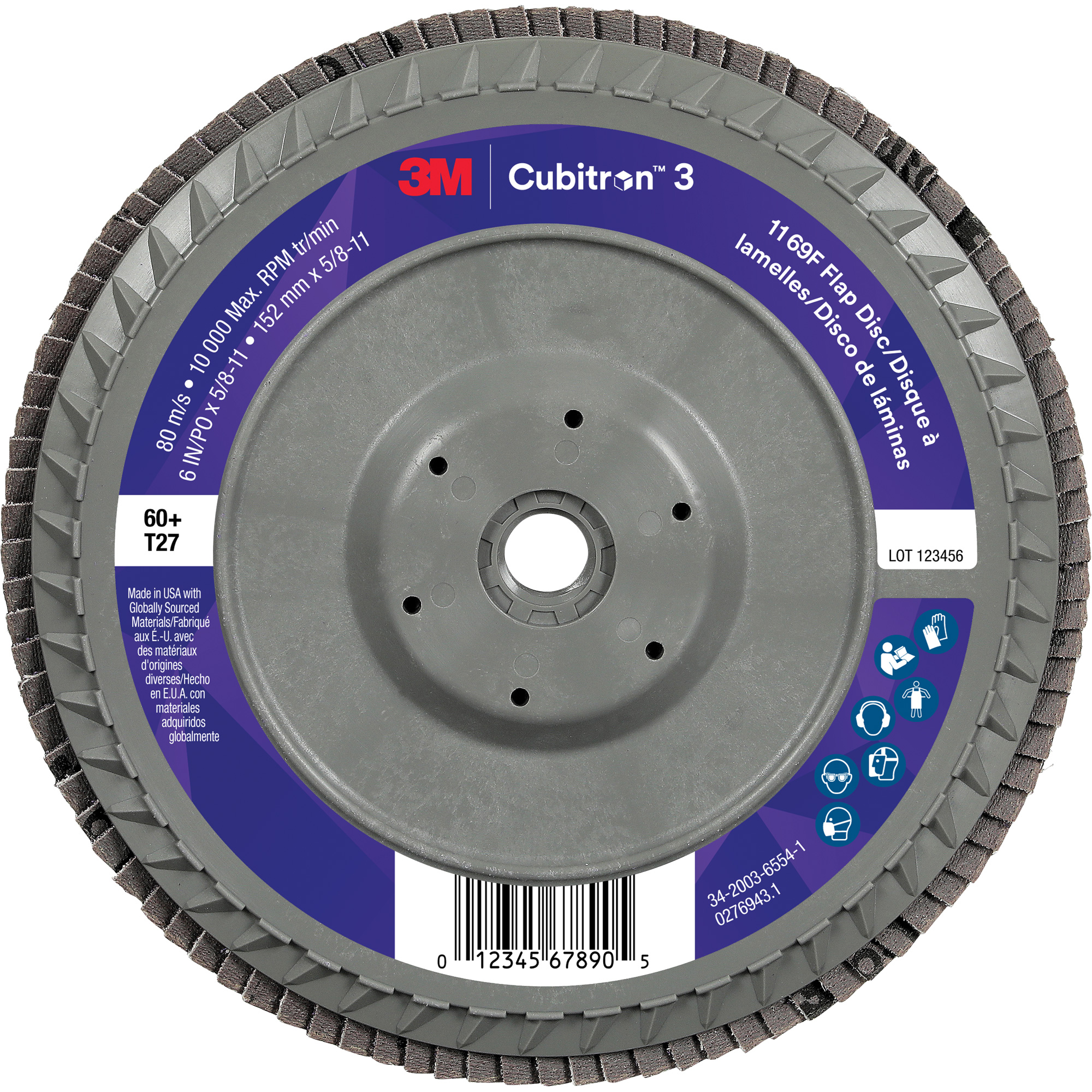 Disque à lamelles plate 1169F CubitronMC 3 à changement rapide, 6" x 5/8"-11, Type T27, Grain 60+, Céramique