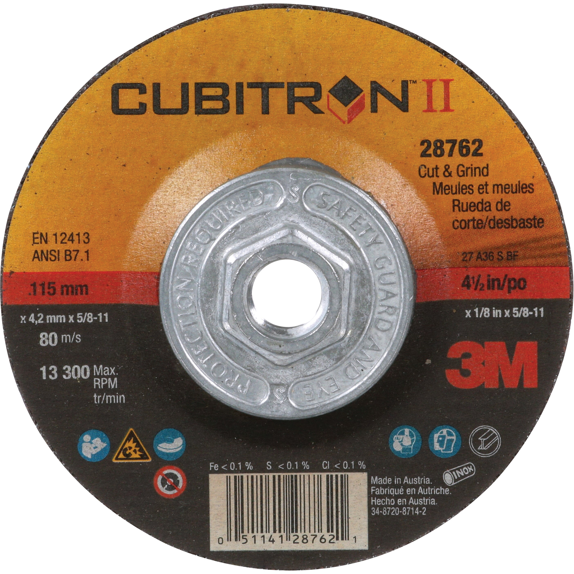 Disque de coupe et de meulage à changement rapide CubitronMC II, 4-1/2" x 1/8", Arbre de 5/8"-11, Type 27, Céramique