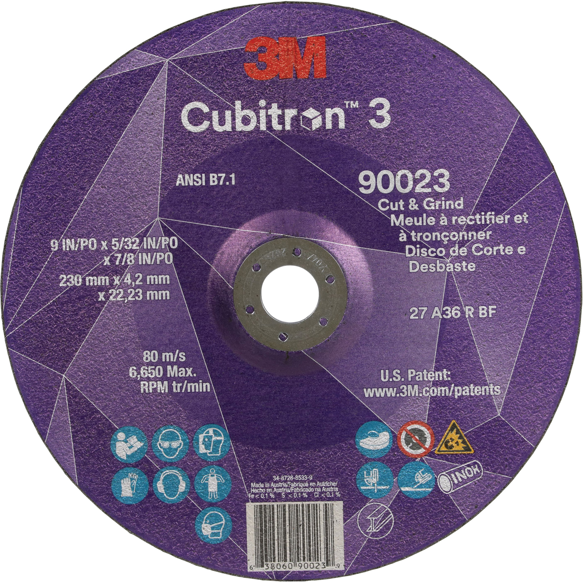 Meule à couper & tronçonner CubitronMC 3, 9" x 5/32", Arbre de 7/8", Type T27, Grain de 36+, Céramique