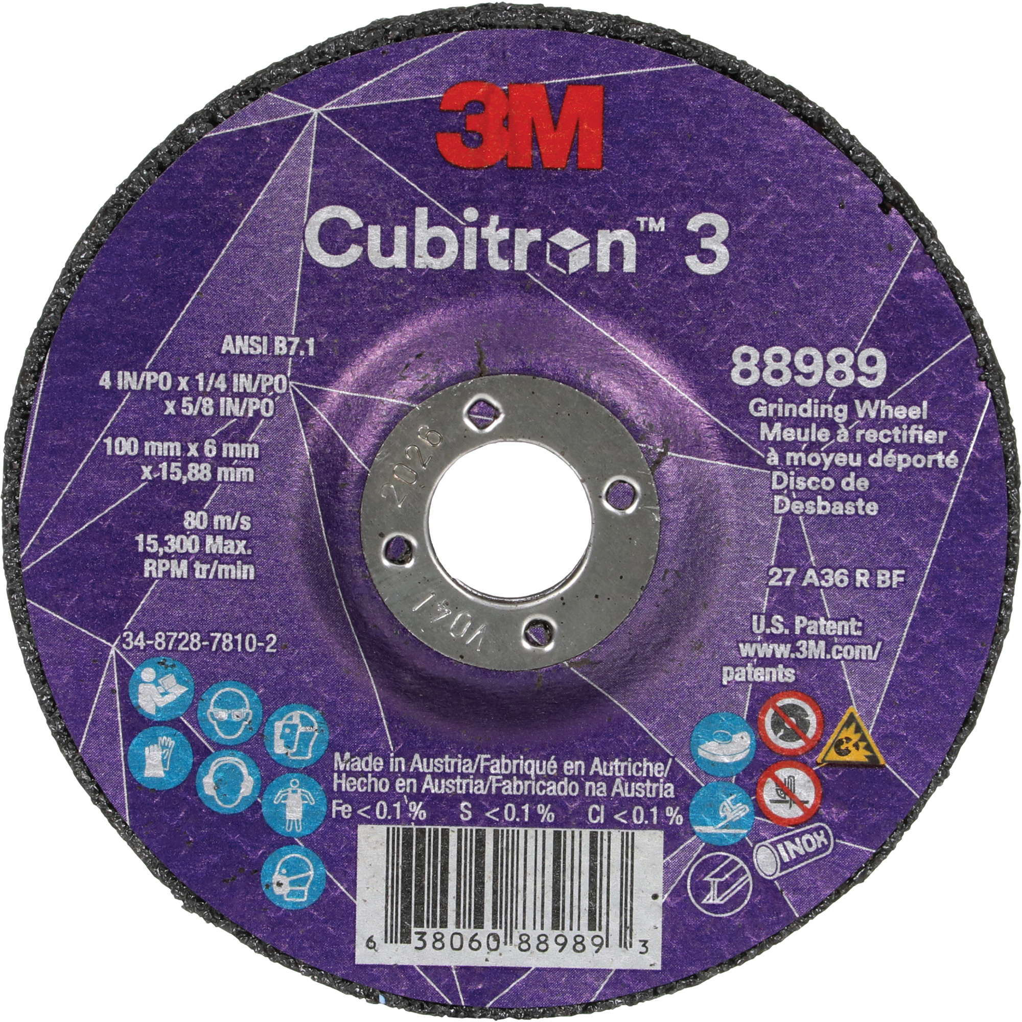 Meule a moyeu déporté CubitronMC 3, 4" x 1/4", Arbre 5/8", Céramique, Type T27