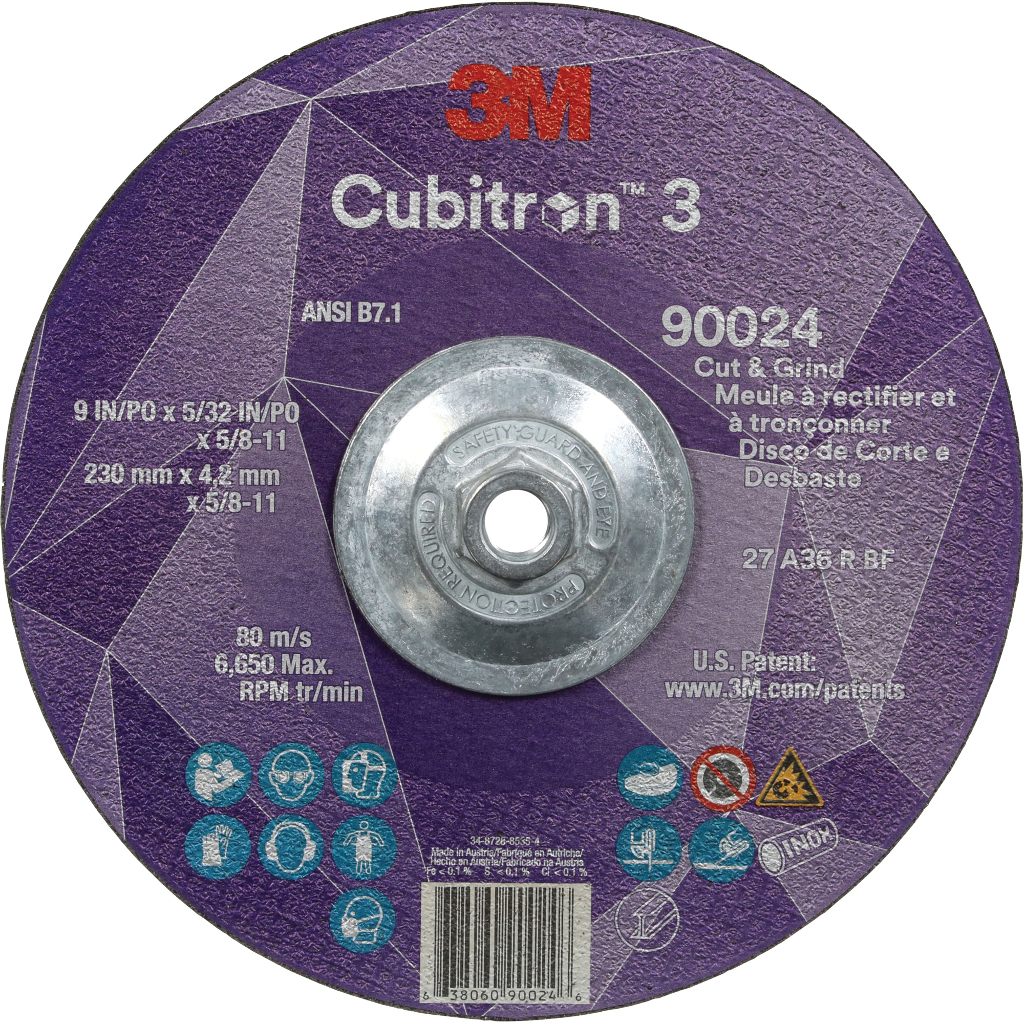 Meule à rectifier et à tronçonner CubitronMC 3, 9" x 5/32", Arbre de 5/8"-11, Type 27, Grain de 36, Céramique
