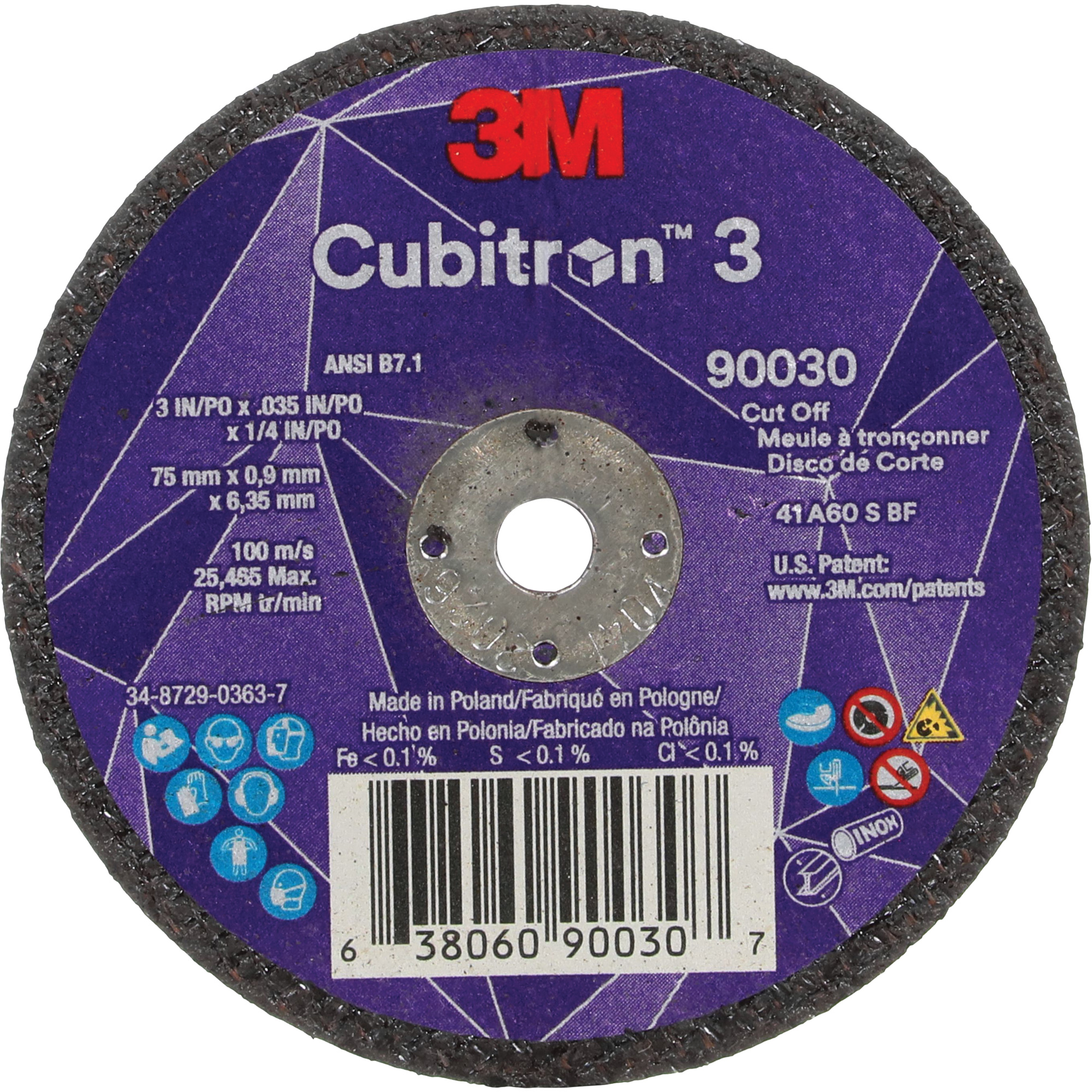 Meule à tronçonner CubitronMC 3, 3" x 0,035", Arbre de 1/4", Type T1, Céramique, 21000 Tr/min