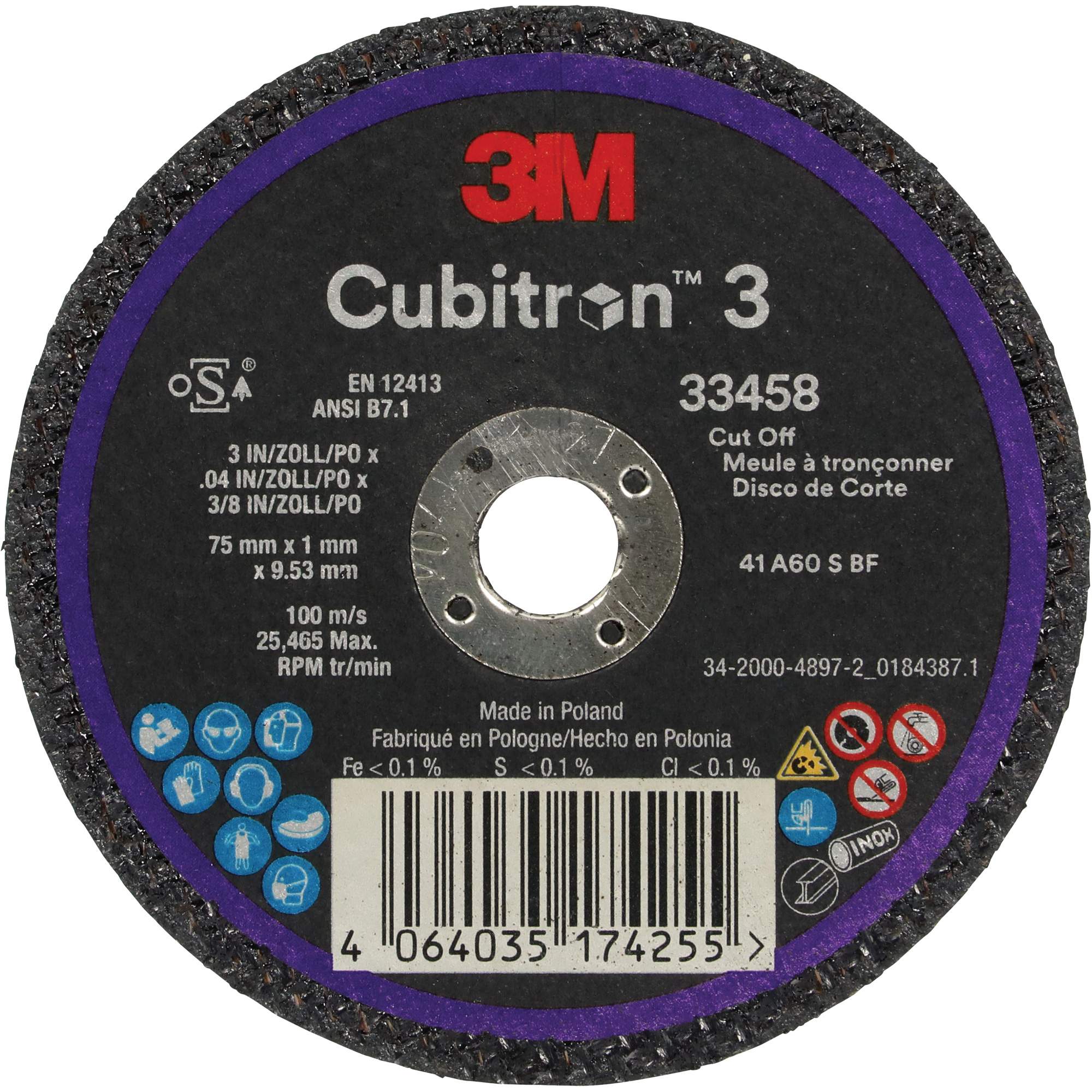 Meule à tronçonner CubitronMC 3, 3" x 0,039", Arbre de 3/8", Céramique
