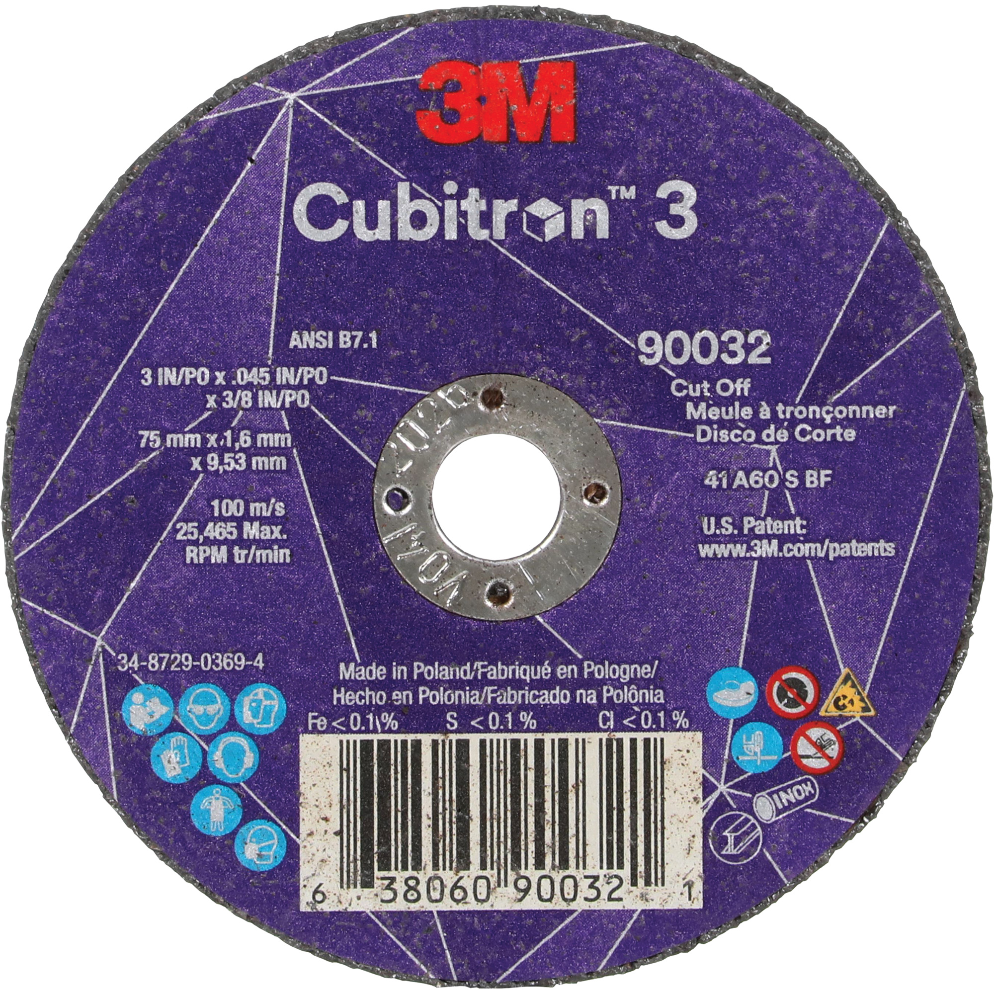 Meule à tronçonner CubitronMC 3, 3" x 0,045", Arbre de 3/8", Type T1, Céramique, 21000 Tr/min