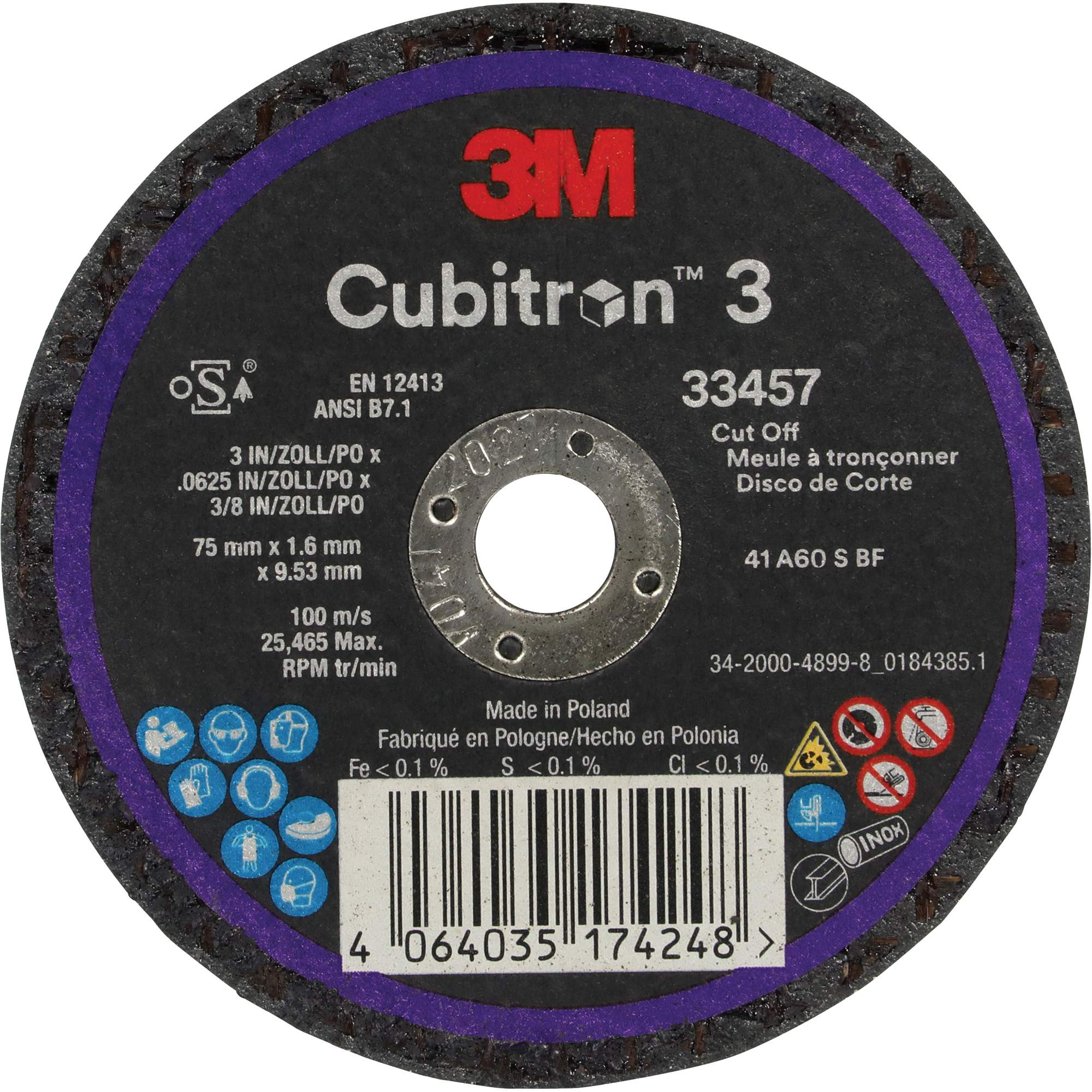 Meule à tronçonner CubitronMC 3, 3" x 0,063", Arbre de 3/8", Céramique