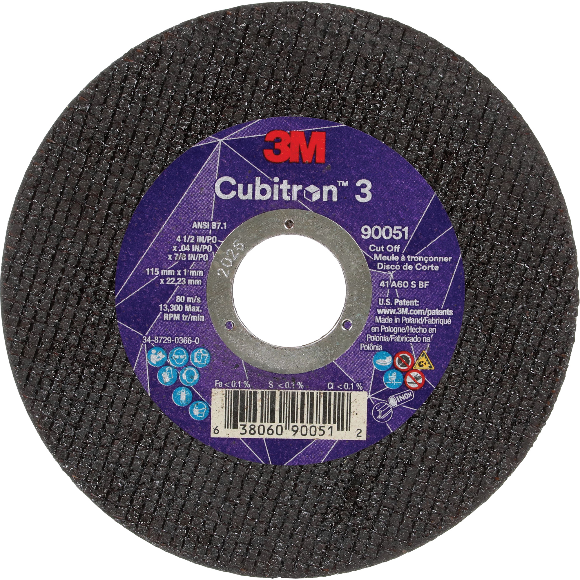 Meule à tronçonner CubitronMC 3, 4-1/2" x 0,04", Arbre de 7/8", Type T1, Céramique, 13 300 Tr/min