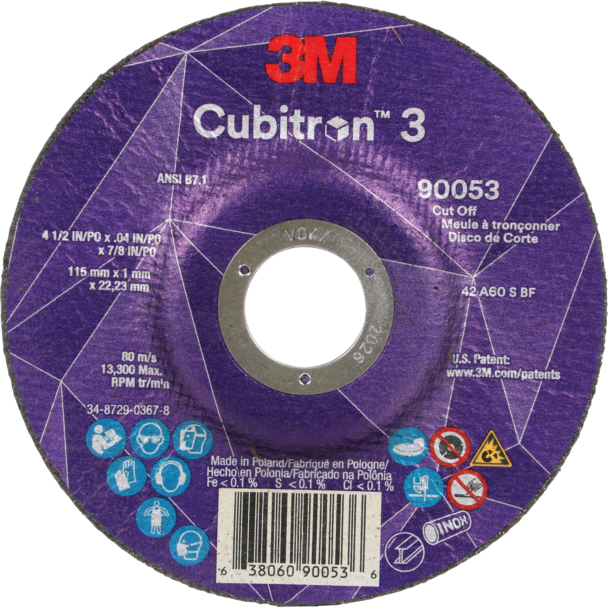 Meule à tronçonner CubitronMC 3, 4-1/2" x 0,04", Arbre de 7/8", Type T27, Céramique, 13 300 Tr/min
