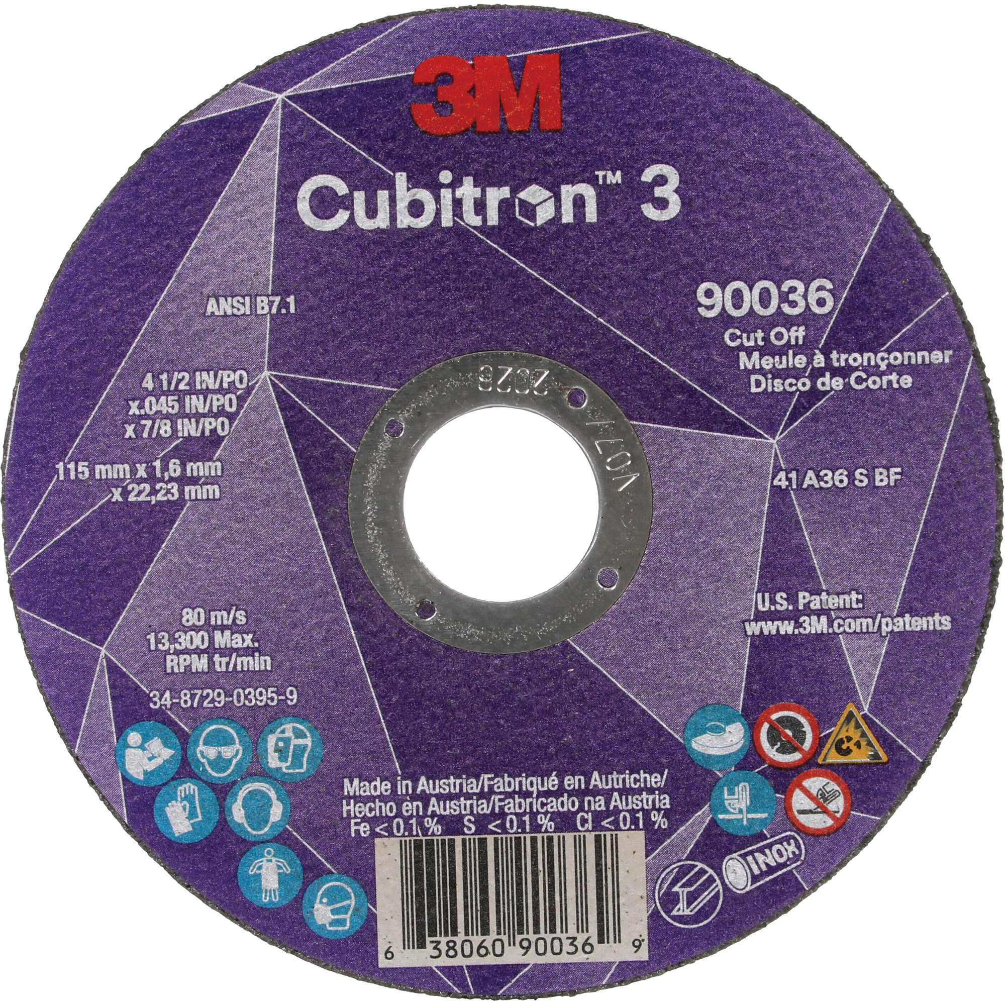 Meule à tronçonner CubitronMC 3, 4-1/2" x 0,045", Arbre de 7/8", Type T1, Céramique, 13 300 Tr/min