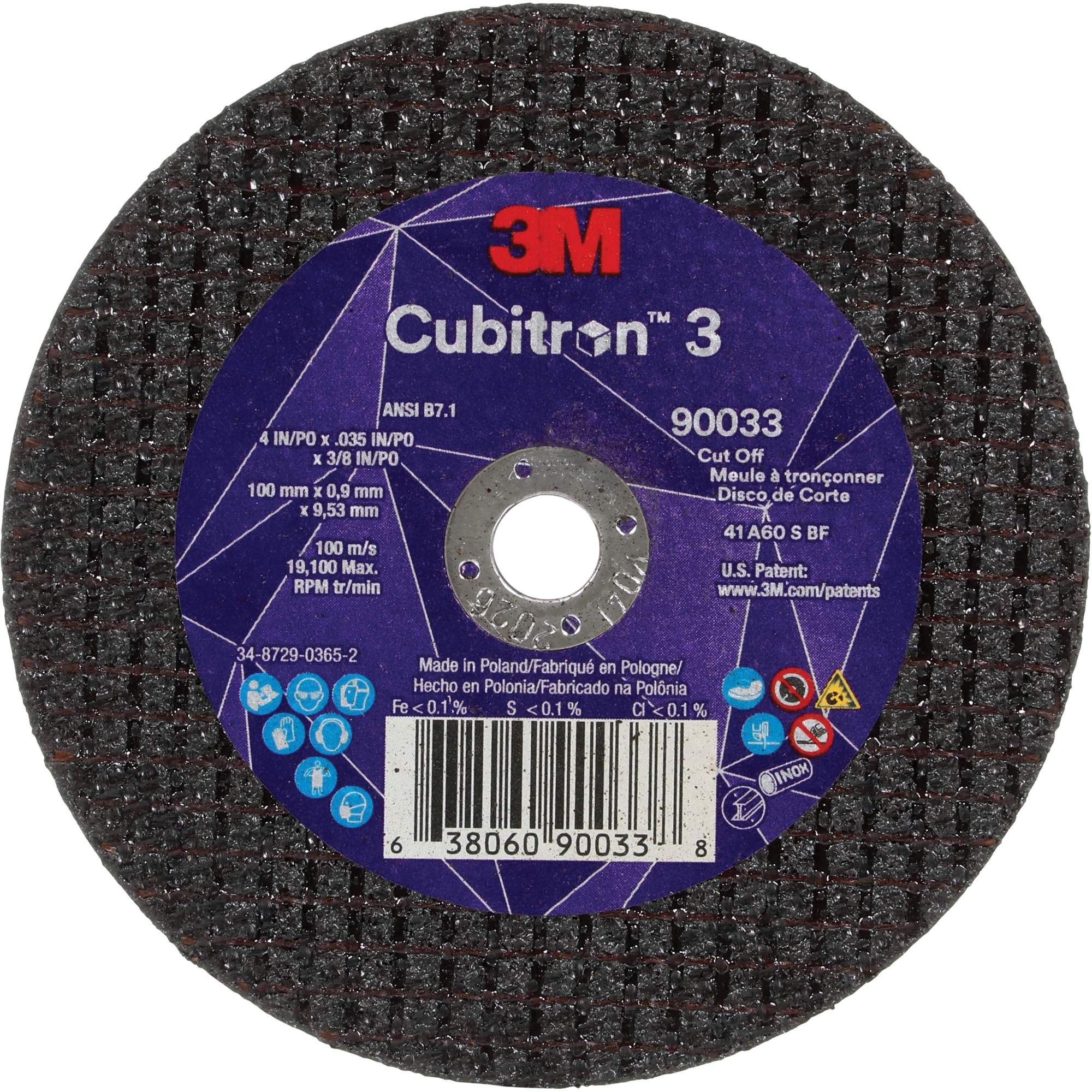 Meule à tronçonner CubitronMC 3, 4" x 0,035", Arbre de 3/8", Type T1, Céramique, 21000 Tr/min