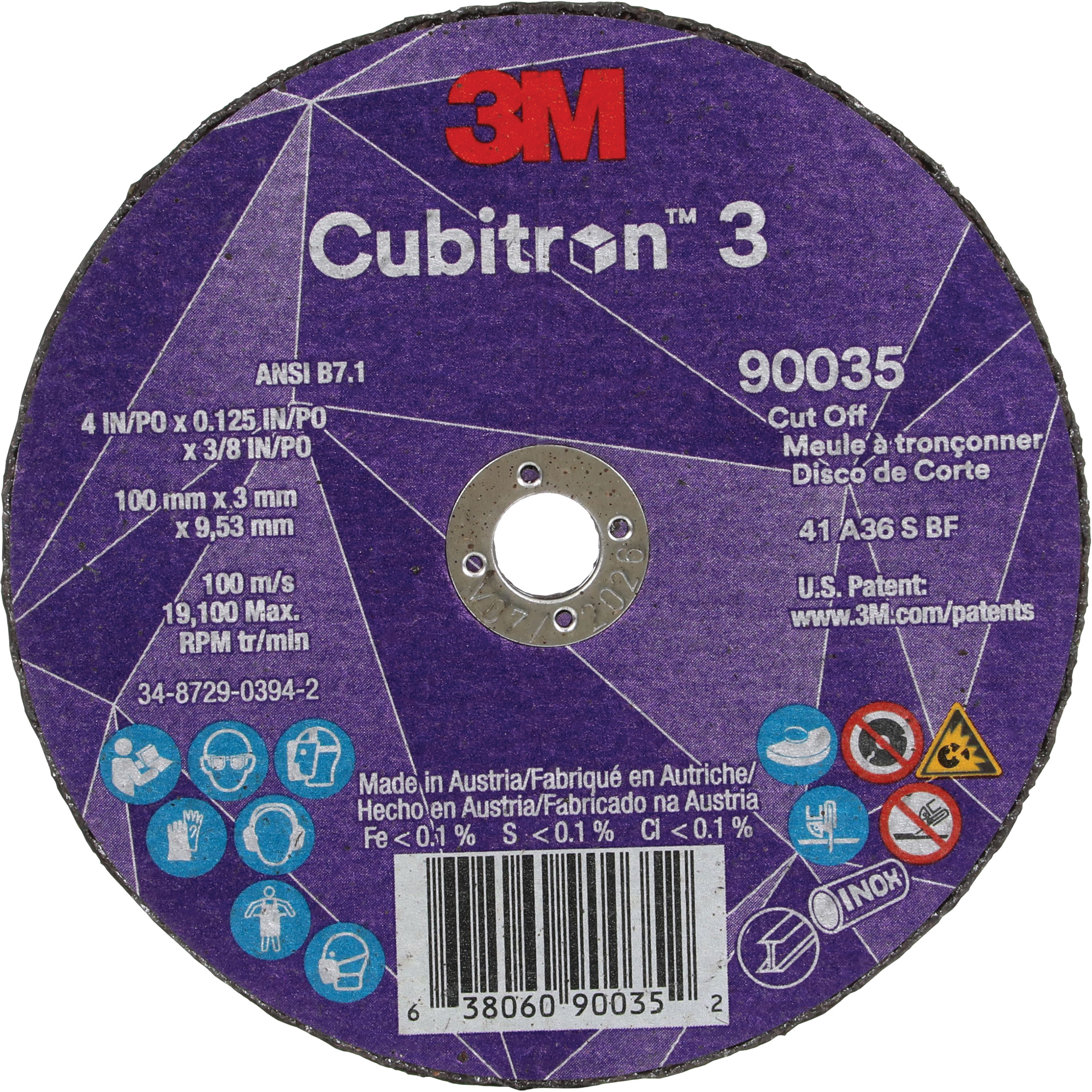 Meule à tronçonner CubitronMC 3, 4" x 1/8", Arbre de 3/8", Type T1, Céramique, 21000 Tr/min