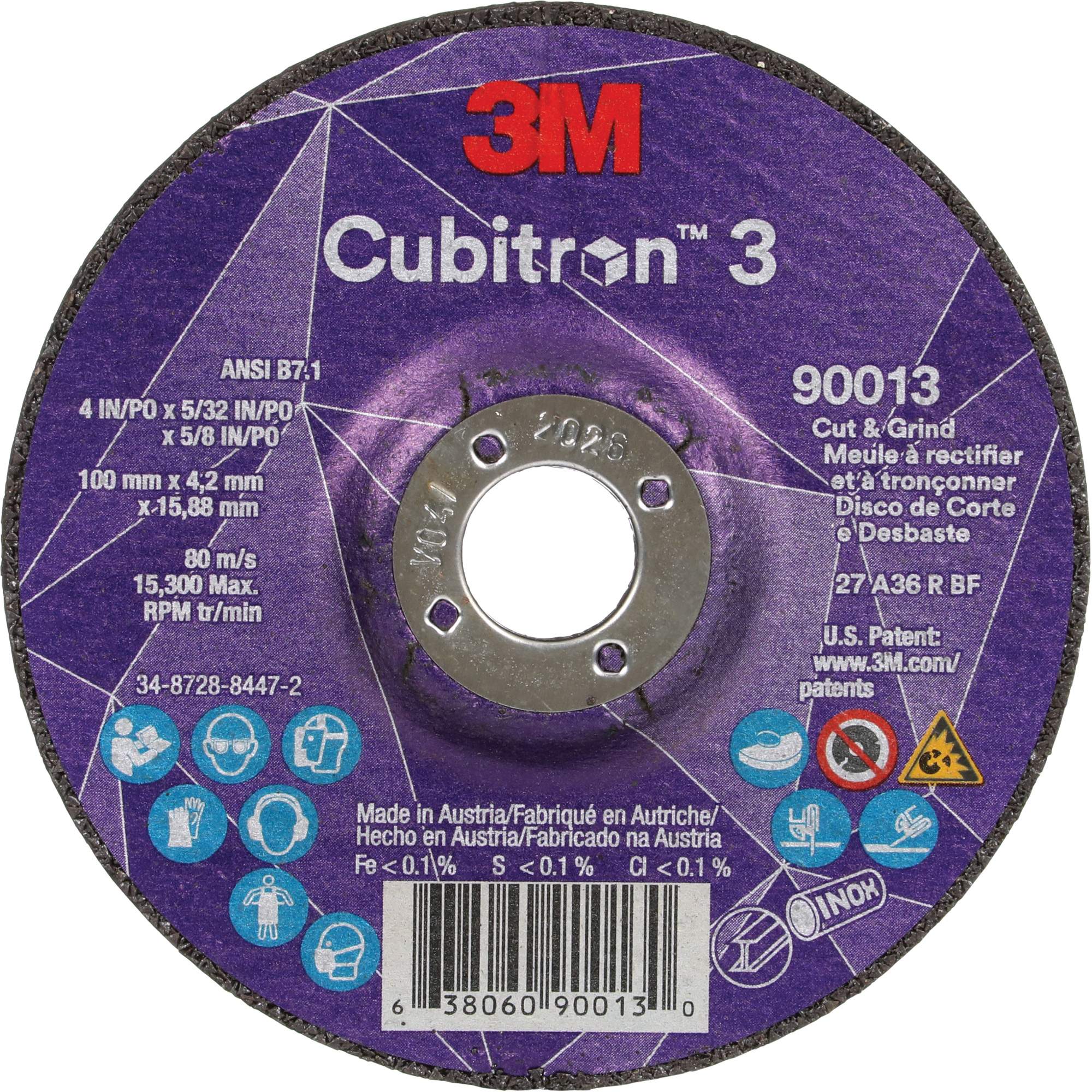 Meule à tronçonner CubitronMC 3, 4" x 39/250", Arbre de 5/8", Type 27, Grain de 36, Céramique