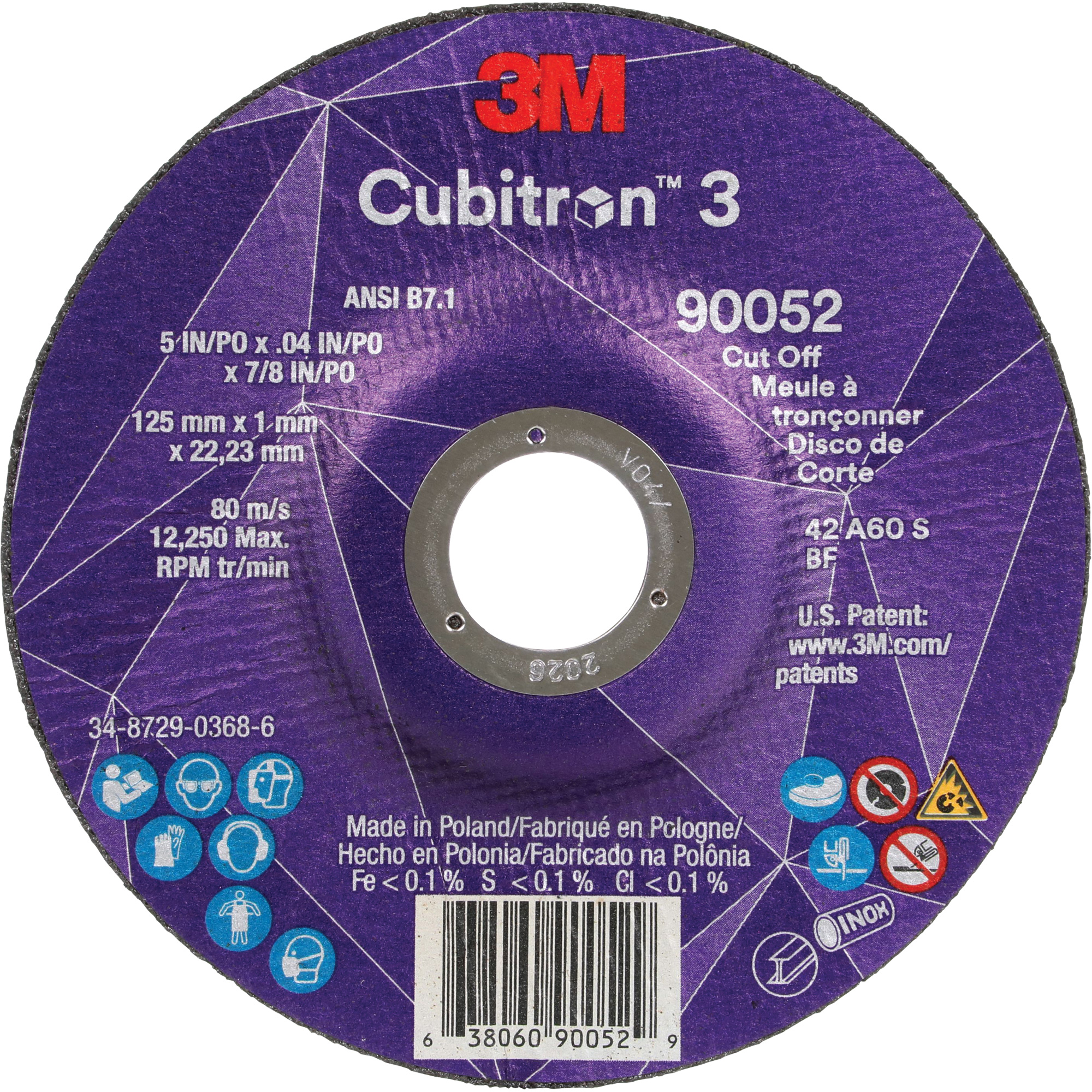 Meule à tronçonner CubitronMC 3, 5" x 0,04", Arbre de 7/8", Type 27, Céramique, 60 Tr/min