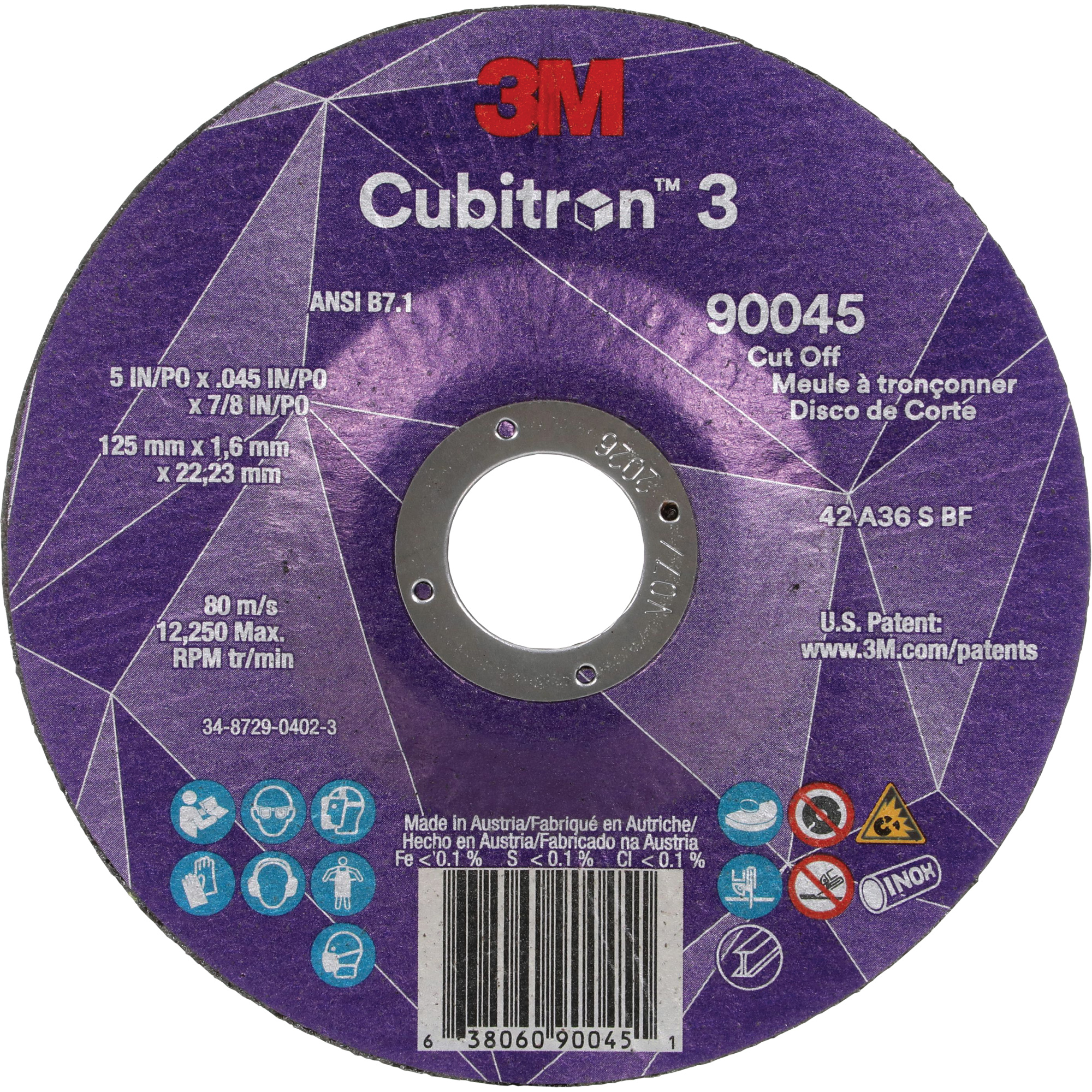 Meule à tronçonner CubitronMC 3, 5" x 0,045", Arbre de 7/8", Type T27, Céramique, 12250 Tr/min