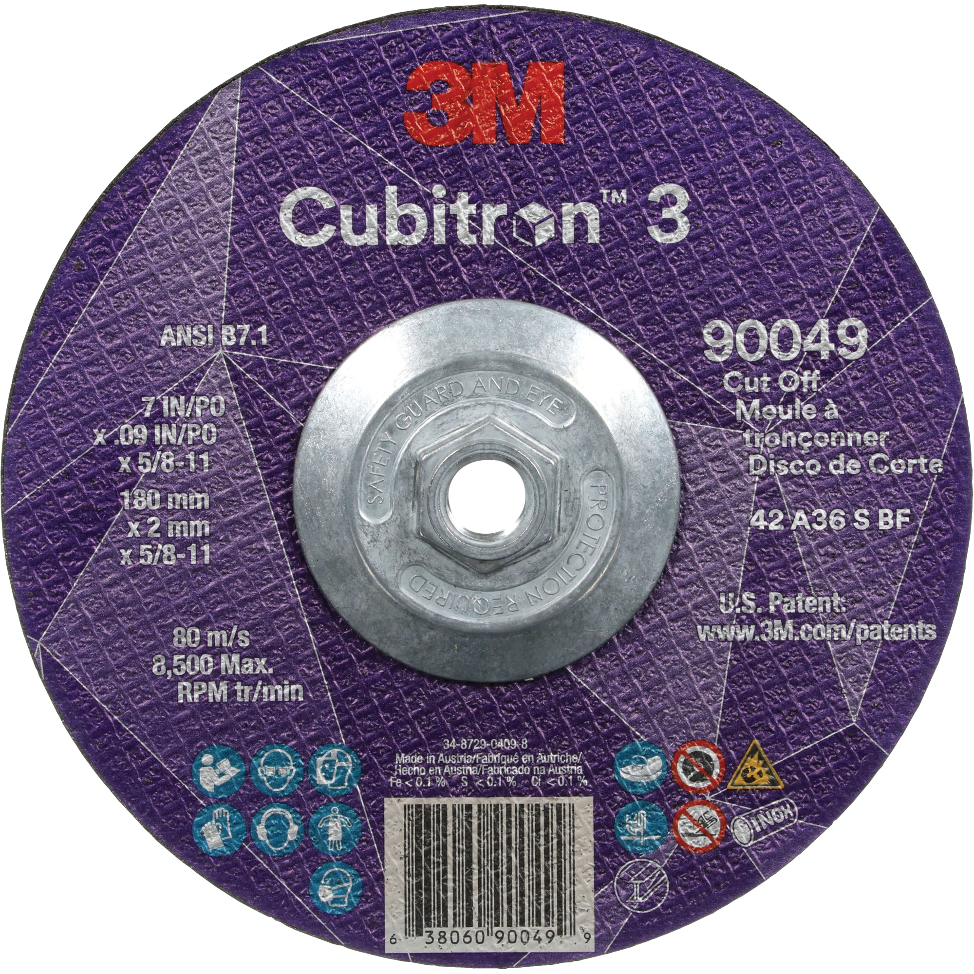 Meule à tronçonner CubitronMC 3, 7" x 0,09", Arbre de 5/8"-11, Type T27, Céramique, 8500 Tr/min