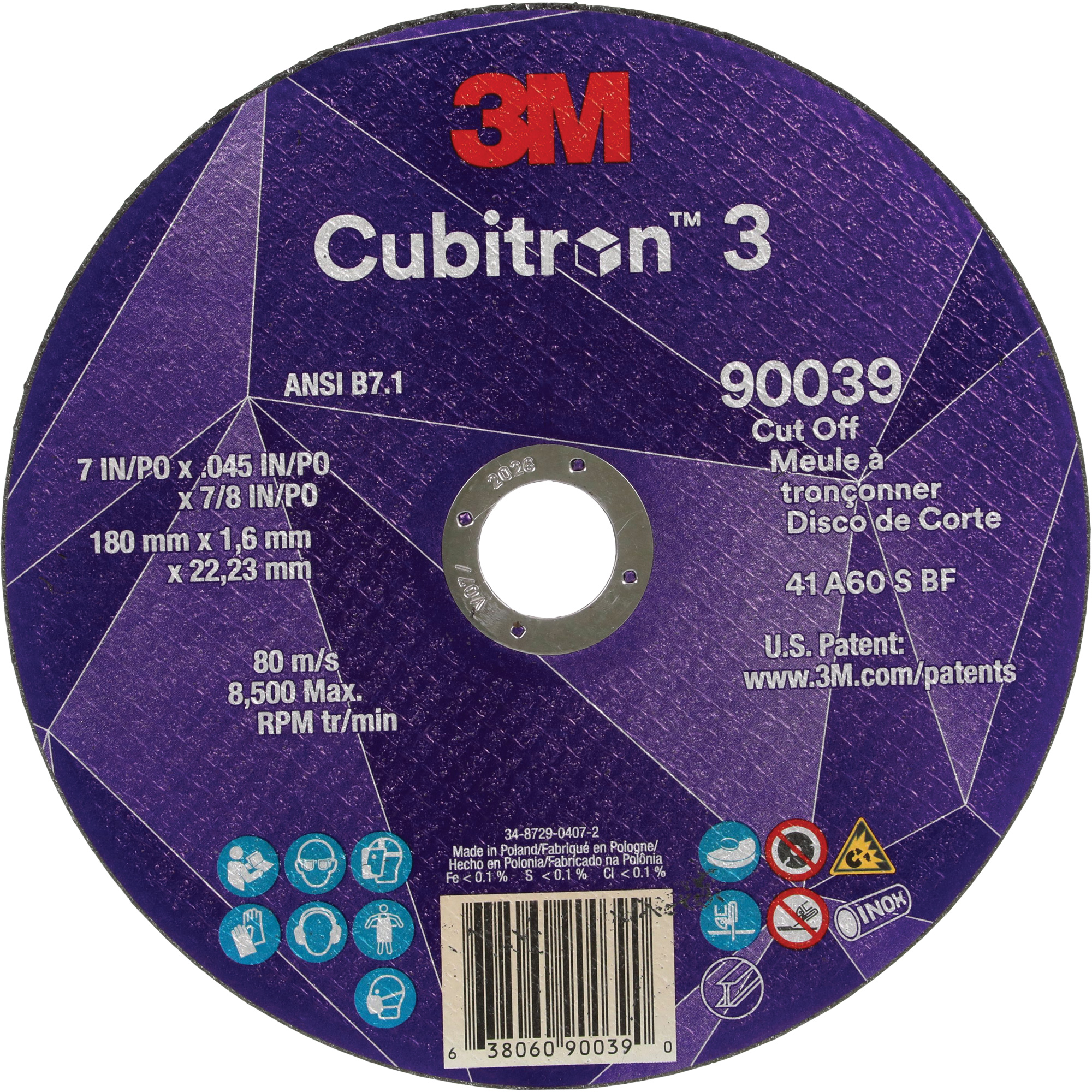Meule à tronçonner CubitronMC 3, 7" x 0,09", Arbre de 7/8", Type T27, Céramique, 8500 Tr/min