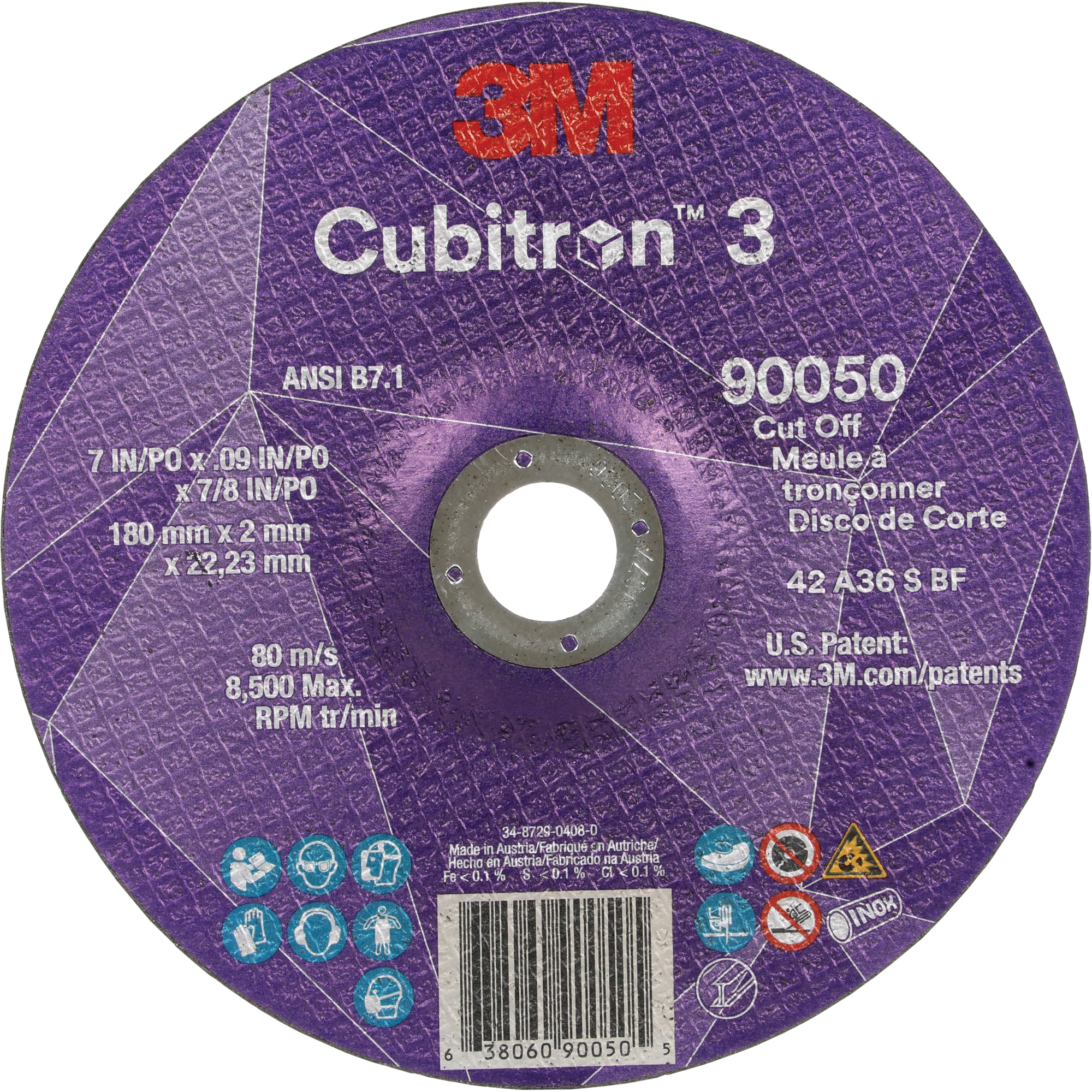 Meule à tronçonner CubitronMC 3, 7" x 0,09", Arbre de 7/8", Type T27, Céramique, 8500 Tr/min