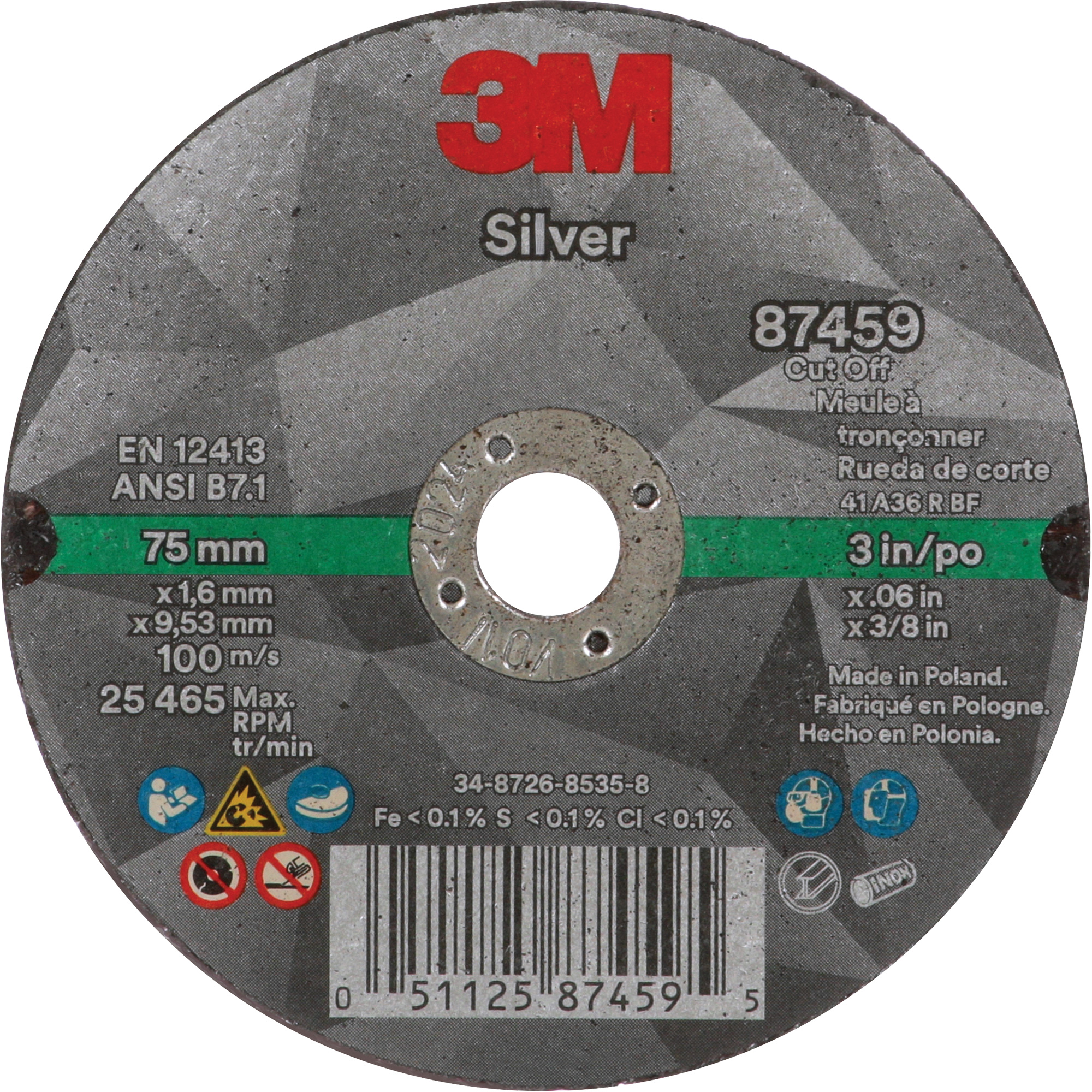 Meule à tronçonner Silver, 3" x 0,06", Arbre de 3/8"-24, Type 1, Céramique, 25645 Tr/min
