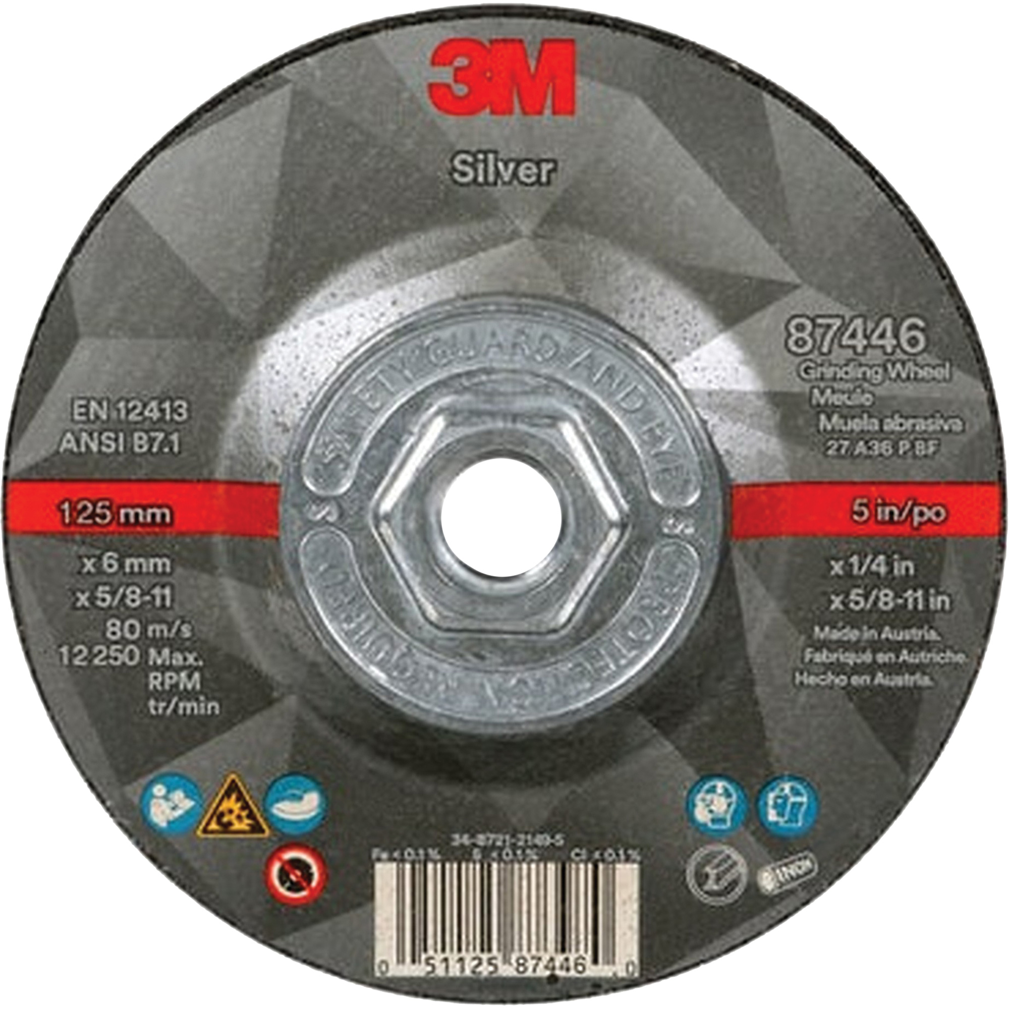 Meule argentée à moyeu déporté à changement rapide 87446, 5" x 1/4", Arbre de 5/8"-11, Type 27, Céramique