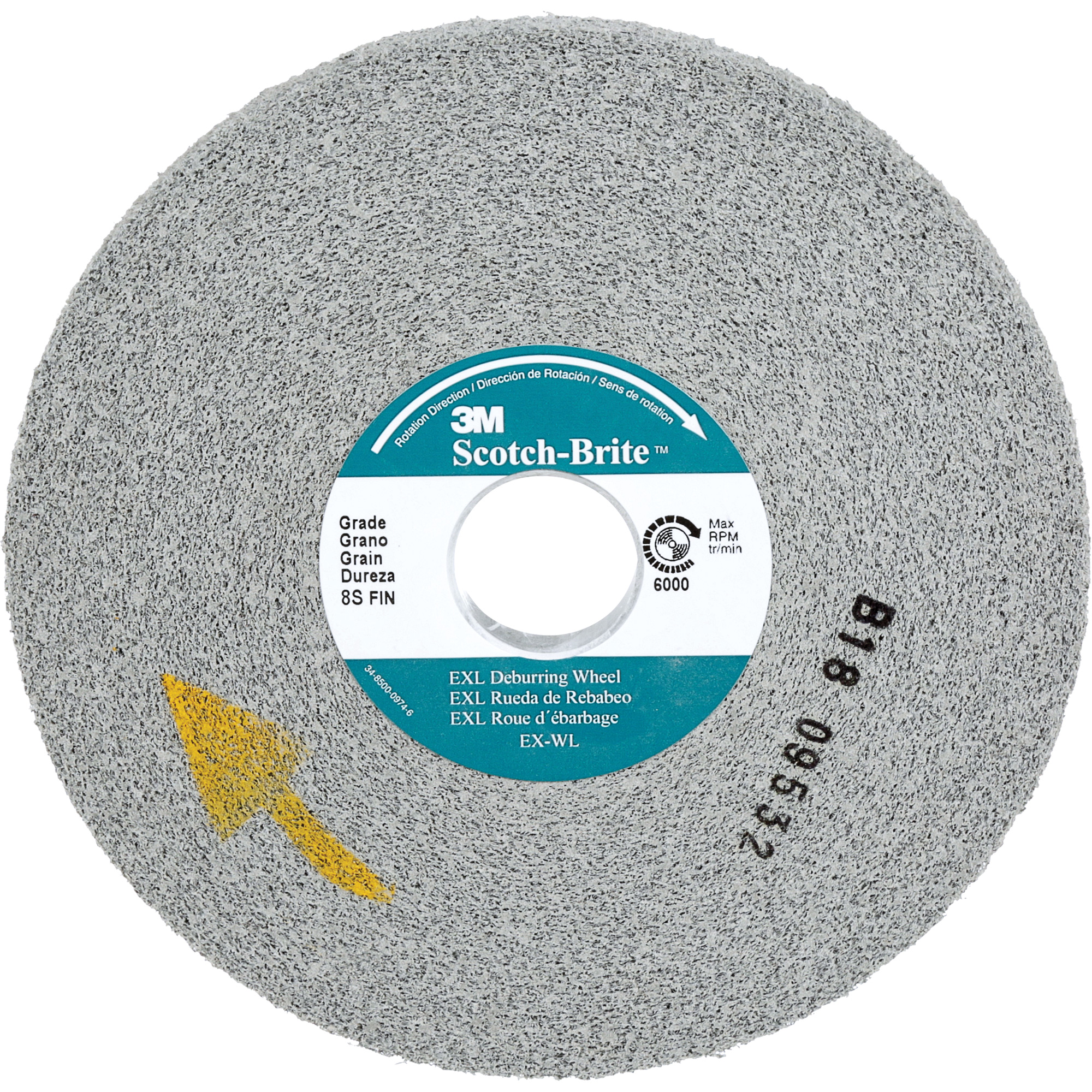 Meule d'ébarbage EXL Scotch-BriteMC, 6" x 1/2", Arbre de 1", Oxyde d'aluminium