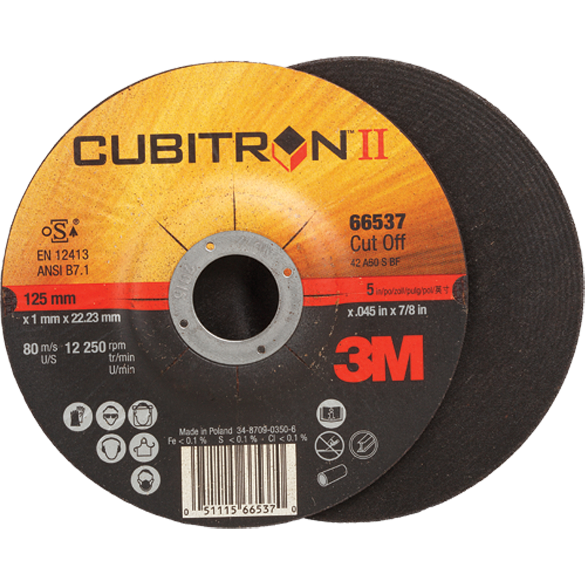 Meules à tronçonner CubitronMC II, 5" x 0,045", Arbre de 7/8", Type 27, Céramique, 12250 Tr/min