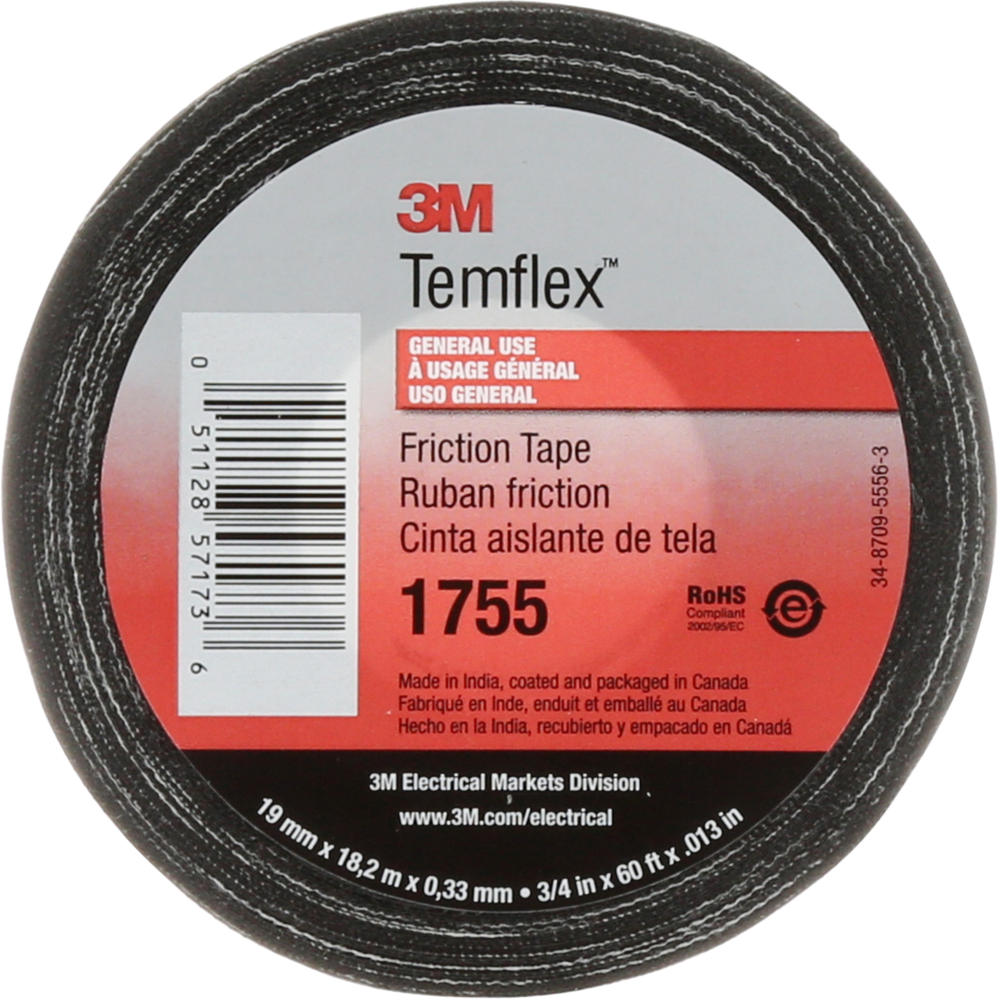Ruban de chatterton TemflexMC 1755, 19 mm (3/4") x 18,28 m (60'), Noir