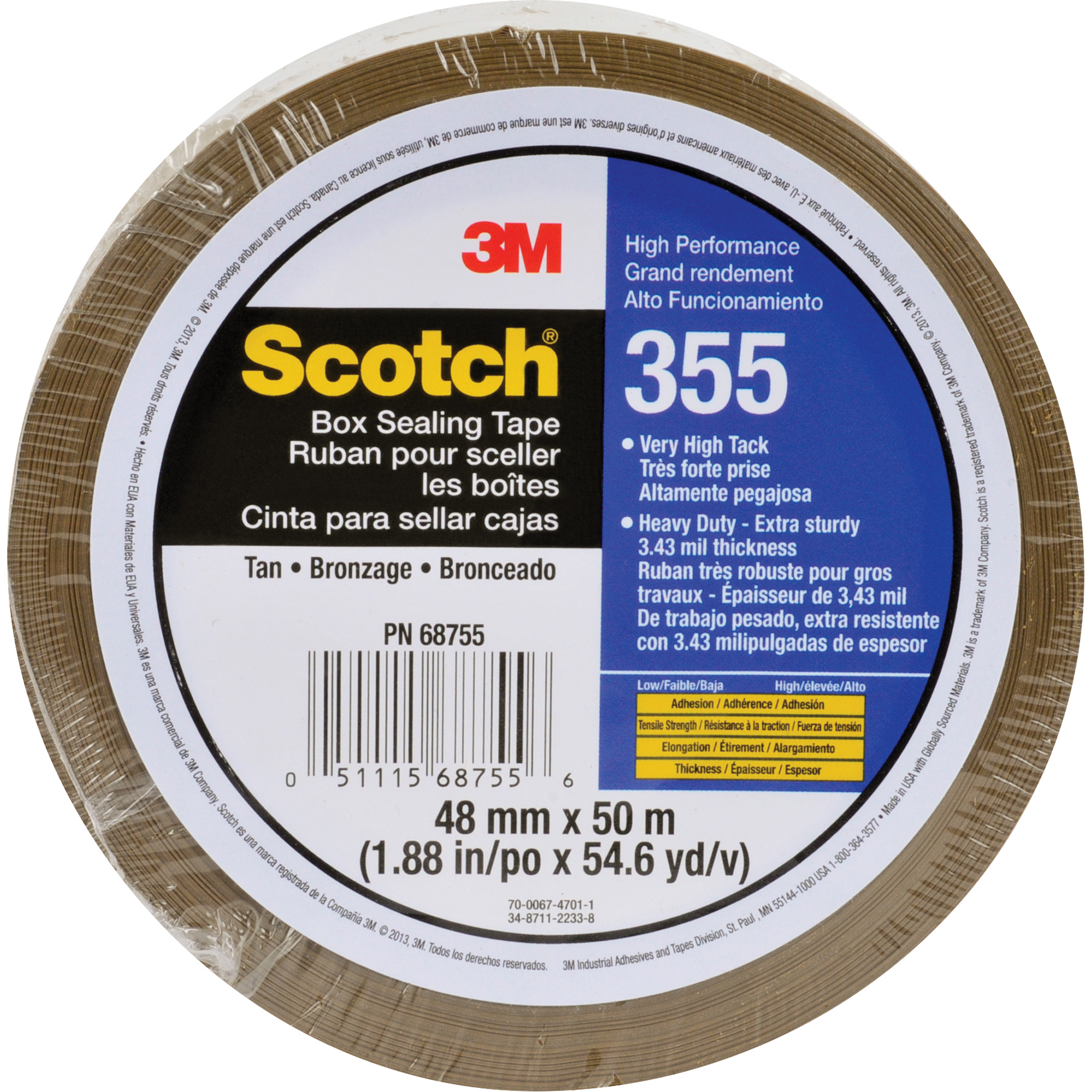 Ruban d'emballage ScotchMD 355, Adhésif Thermofusible, 3,4 mils, 48 mm (1-22/25") x 50 m (164')