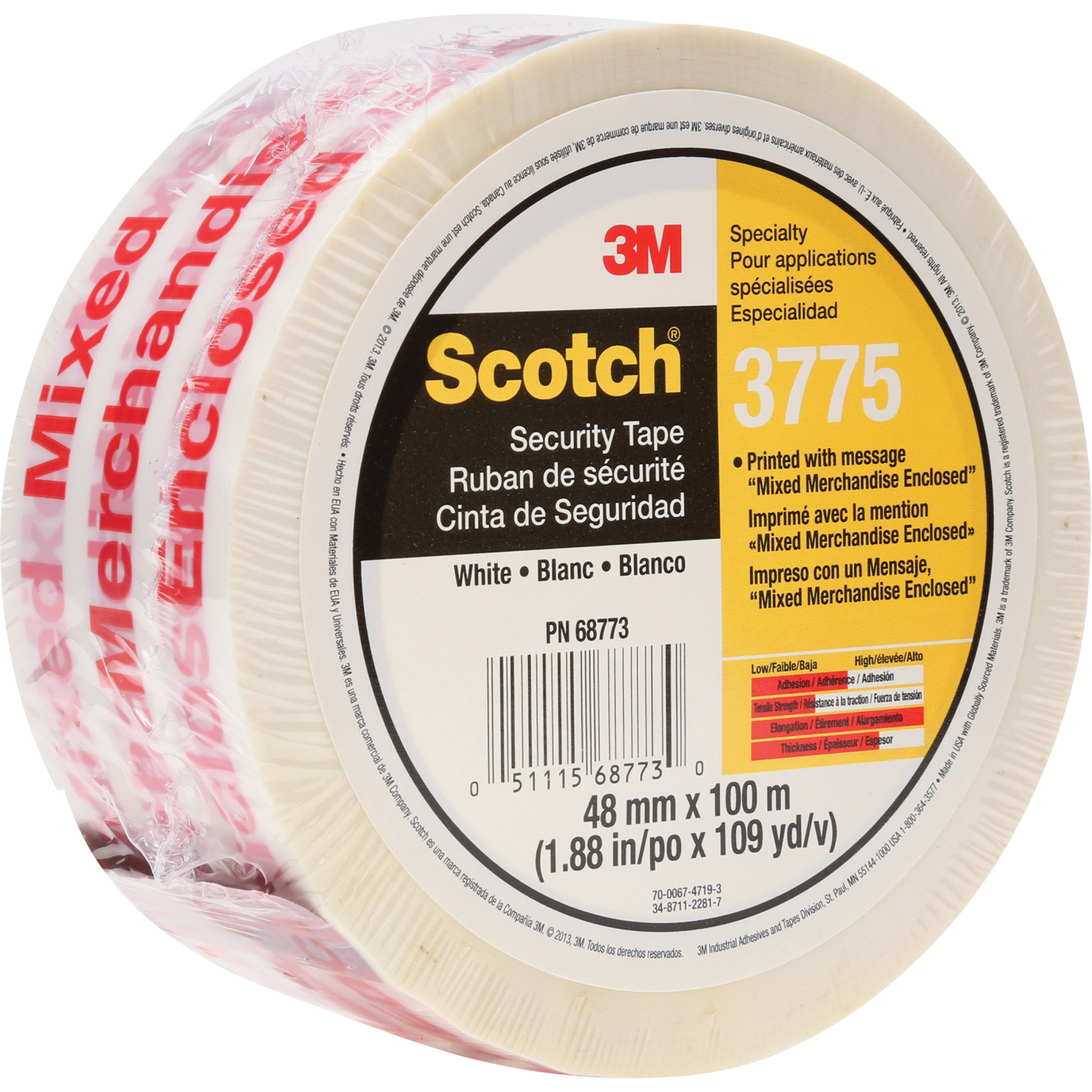 Ruban d'emballage ScotchMD 3775 avec message, Adhésif Thermofusible, 2 mils, 48 mm (1-22/25") x 100 m (328')