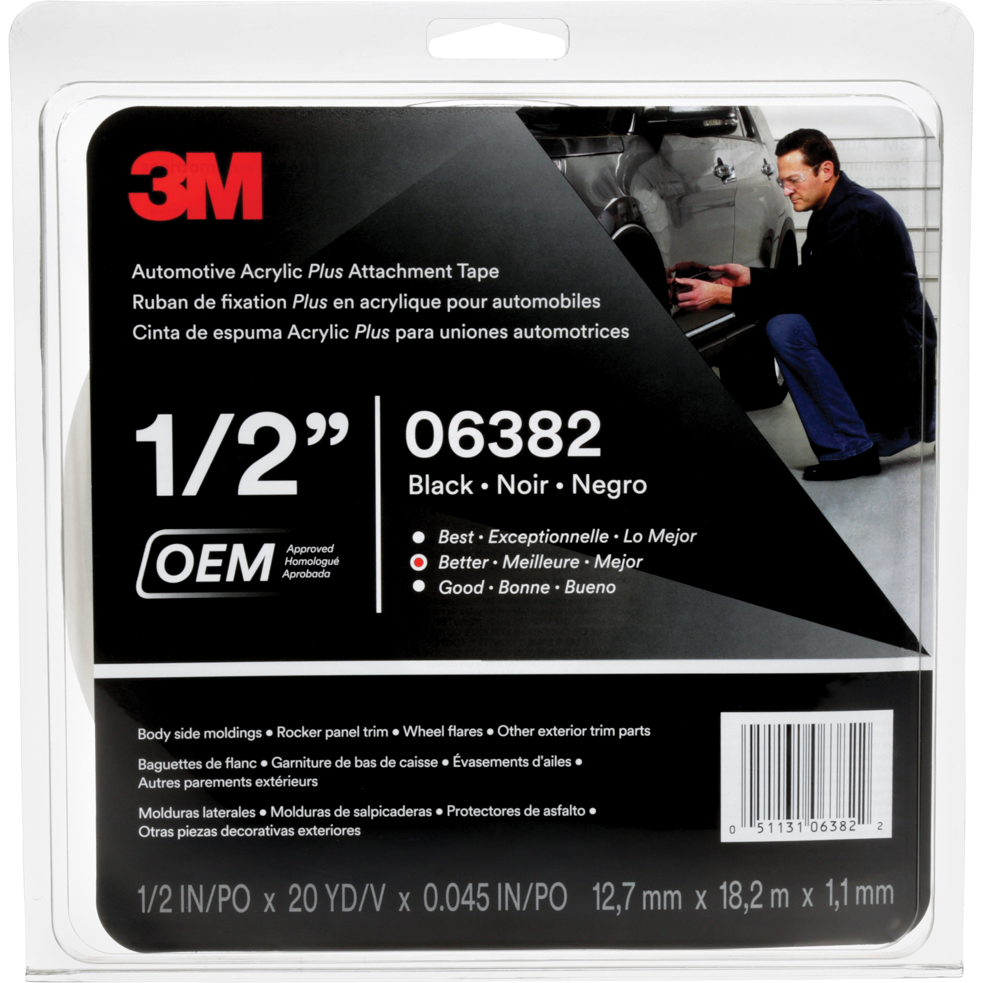 Ruban en acrylique de 3MMC pour l'automobile, 18 m (60') lo x 12,7 mm (1/2") la, 45 mils, Acrylique