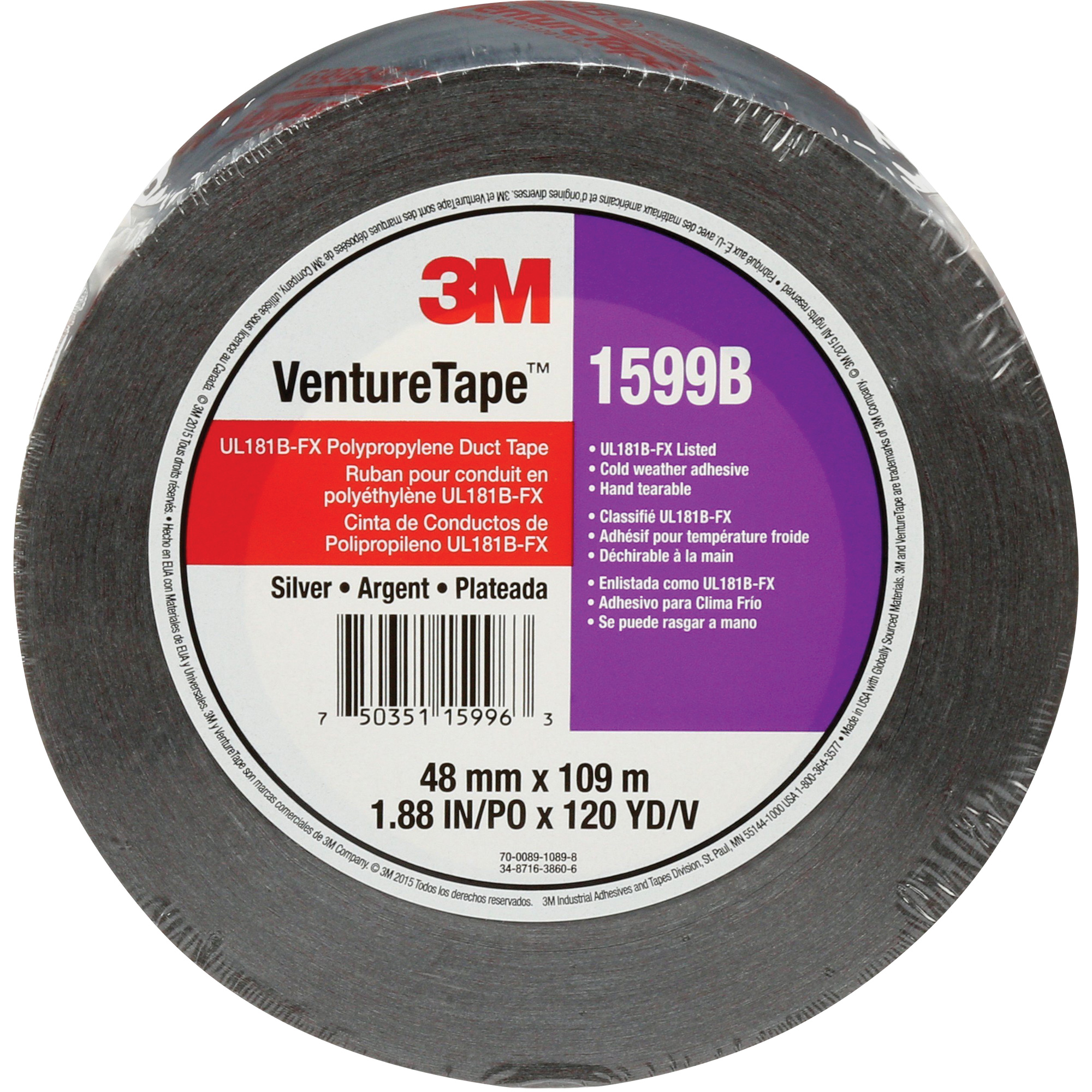 Ruban en polypropylène Venture TapeMC 1599B, 3 mils, Argent, 48 mm (2") x 109,7 m (359,9')