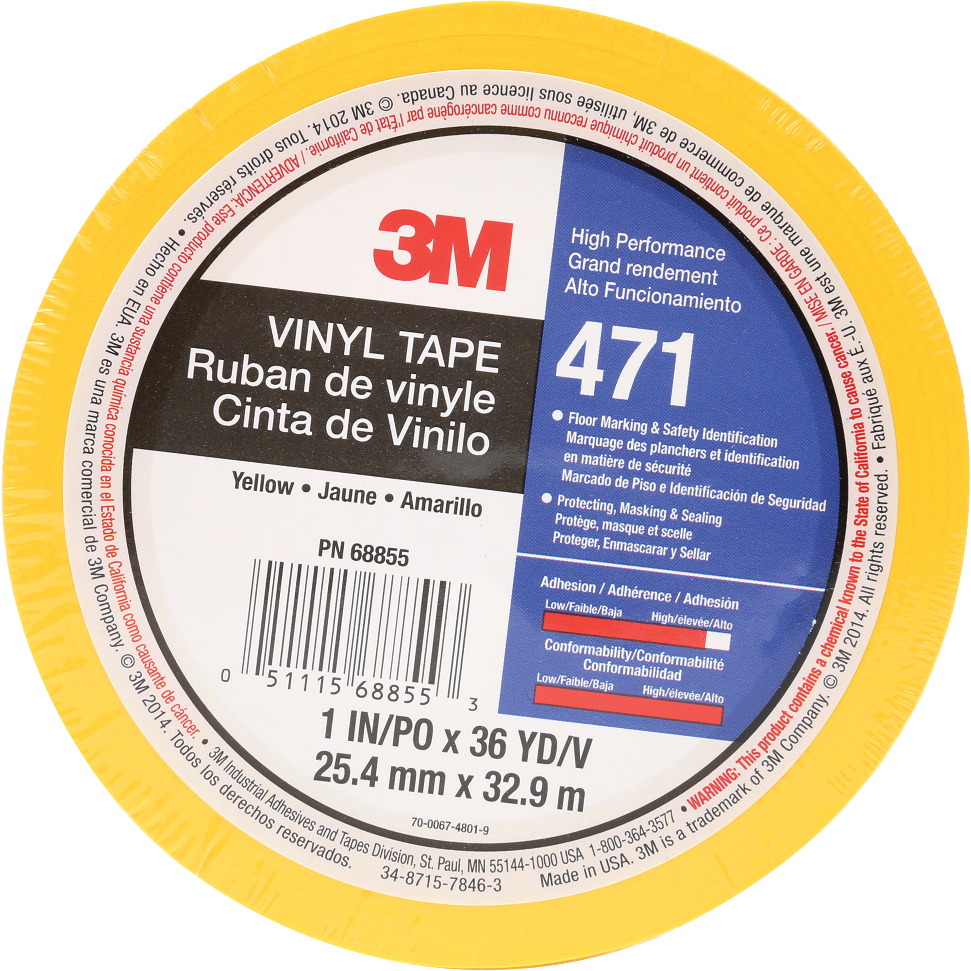 Ruban en vinyle 471, 25,4 mm (1") la x 32,9 m (108') lo, 5,2 mils, Jaune