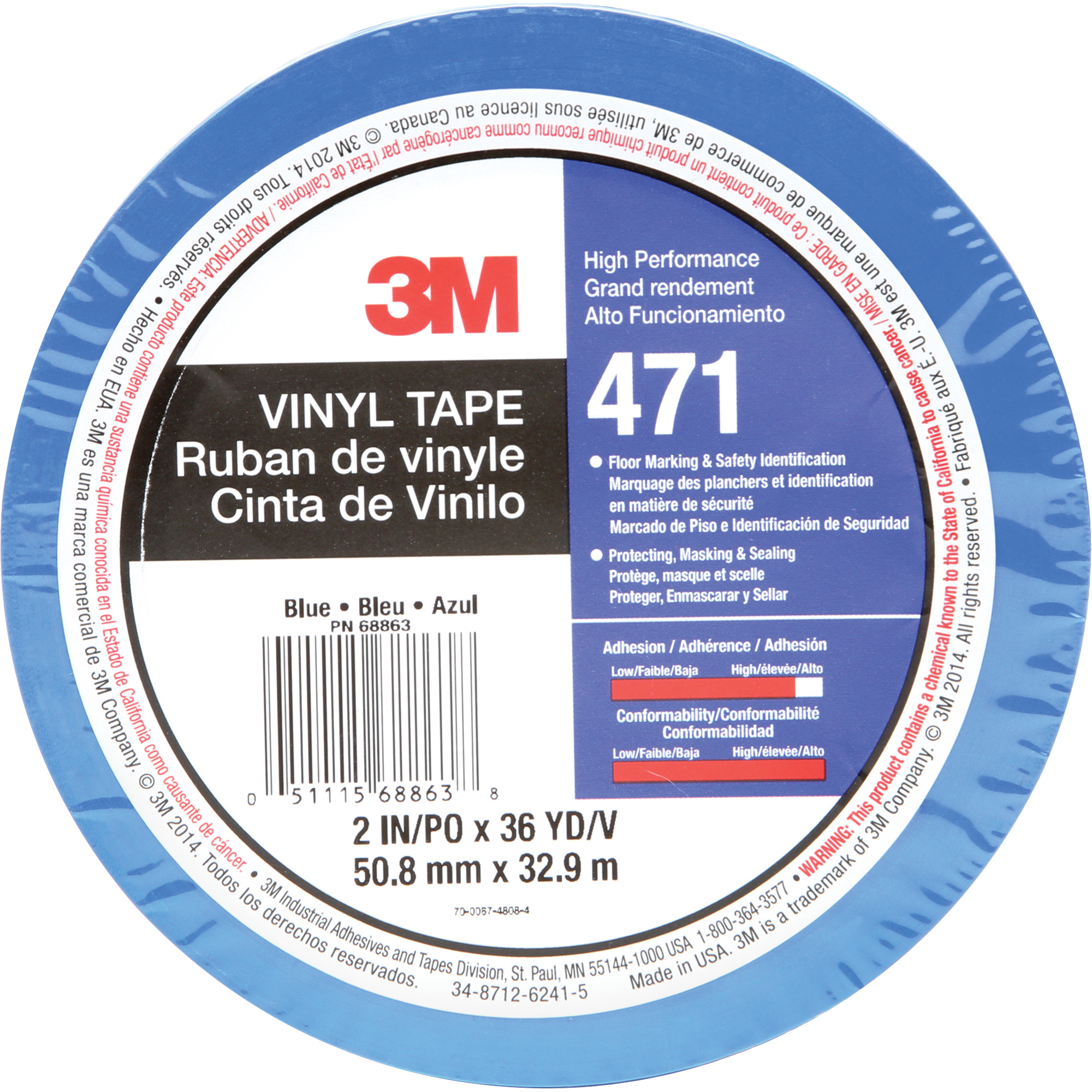 Ruban en vinyle 471, 50,8 mm (2") la x 32,9 m (108') lo, 5,2 mils, Bleu