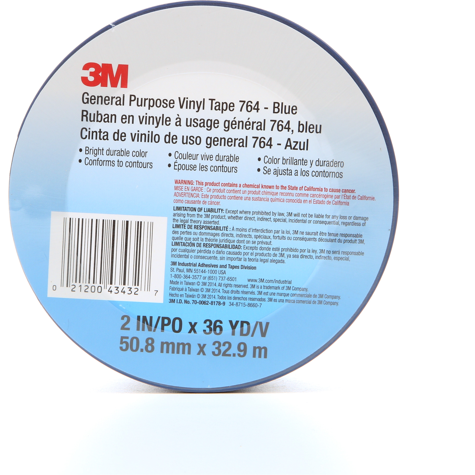 Ruban en vinyle pour travaux généraux 764, 50,8 mm (2") la x 32,9 m (108') lo, 5 mils, Bleu