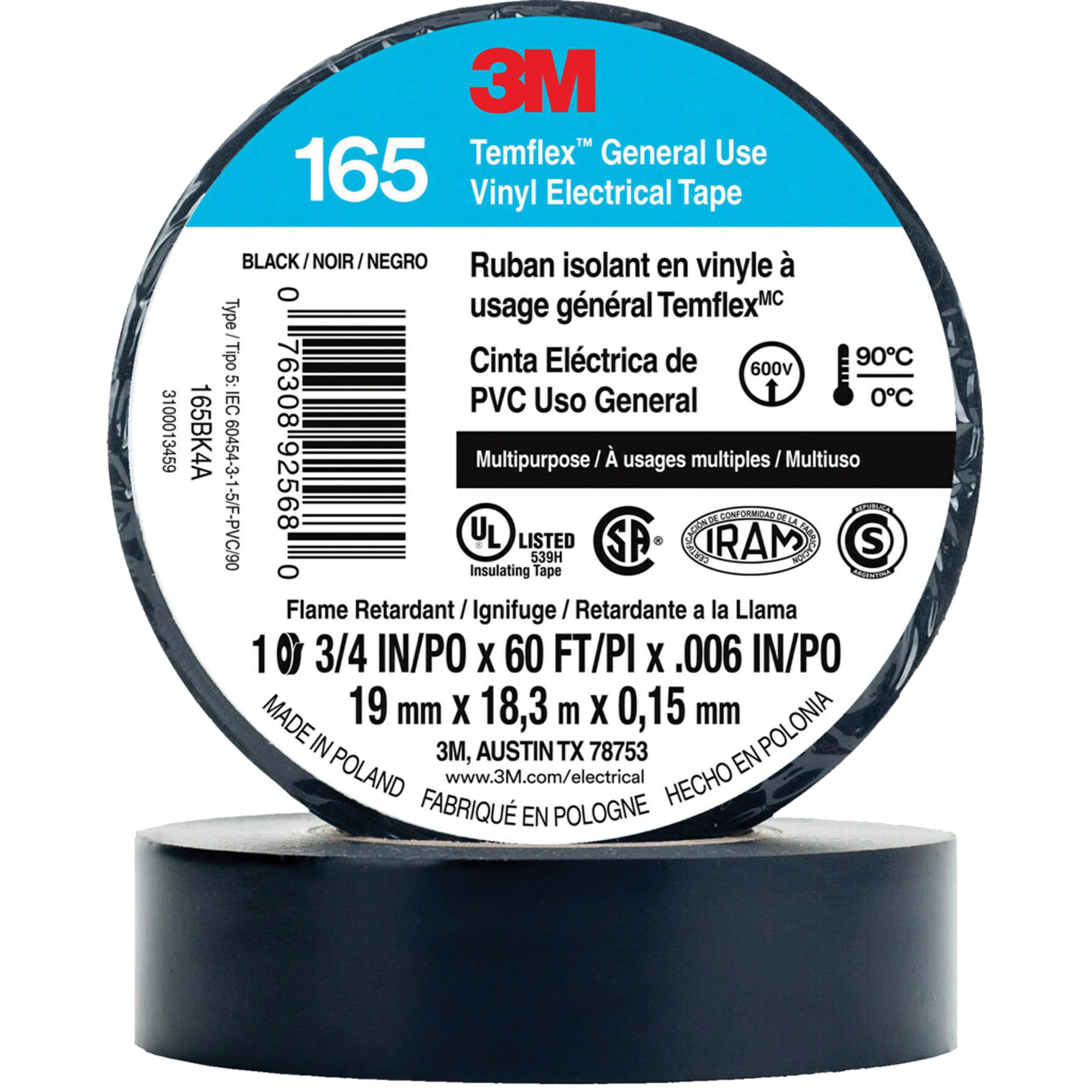 Ruban isolant en vinyle à usage général TemflexMC 165, 19 mm (3/4") x 18 m (60'), Noir, 6 mils