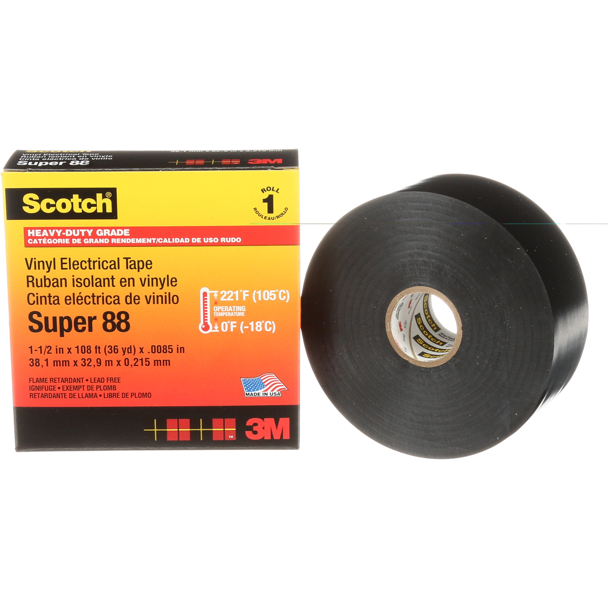 Ruban isolant en vinyle Super 88 ScotchMD, 38 mm (1-1/2") x 33 m (108'), Noir, 8,5 mils