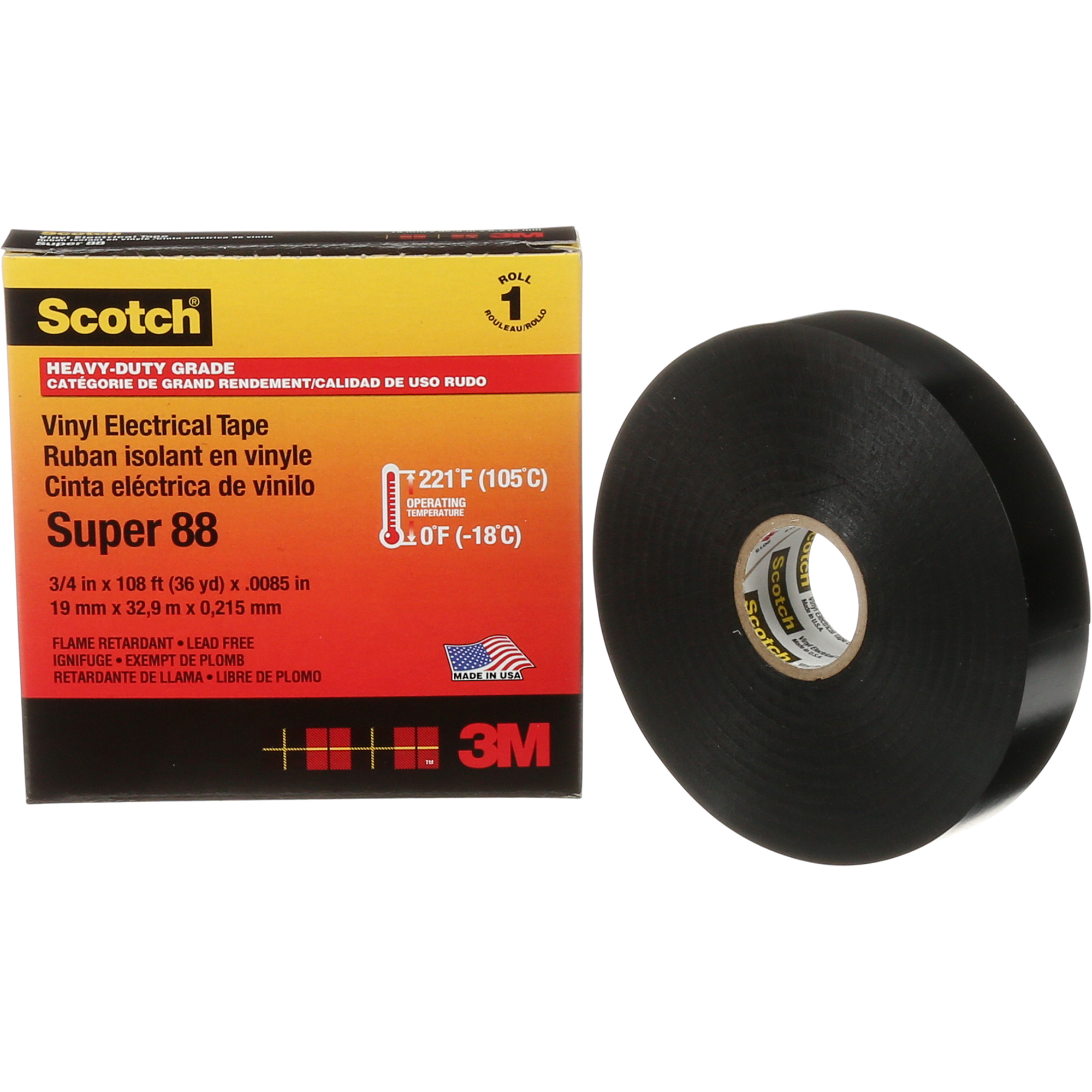 Ruban isolant Super 88 de calibre professionnel ScotchMD, 19 mm (3/4") la x 32,9 m (108') lo, 8,5 mils, Noir