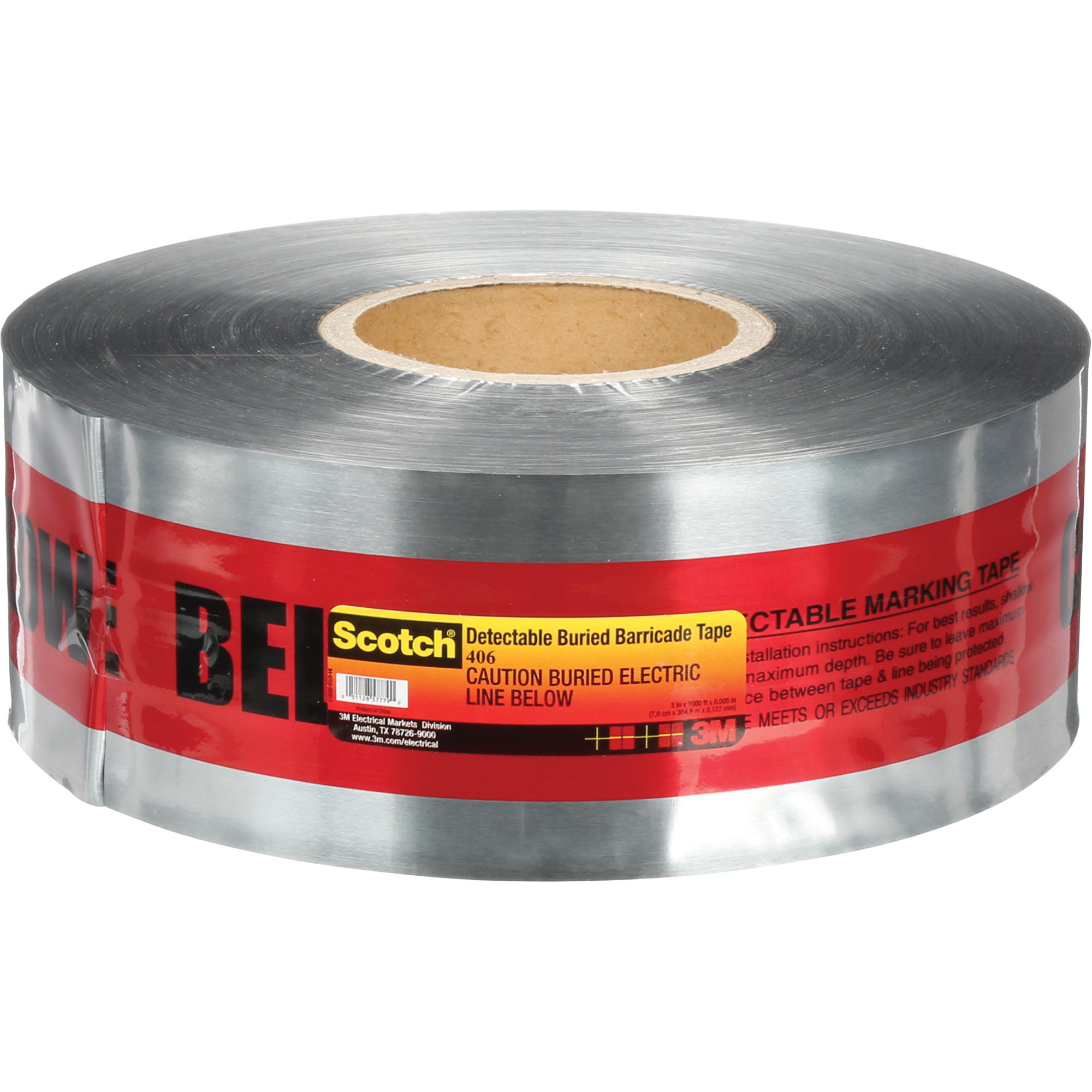 Ruban pour barrières pour détection de services publics souterrains ScotchMD, Anglais, 3" la x 1000' lo, 5 mils, Noir/rouge