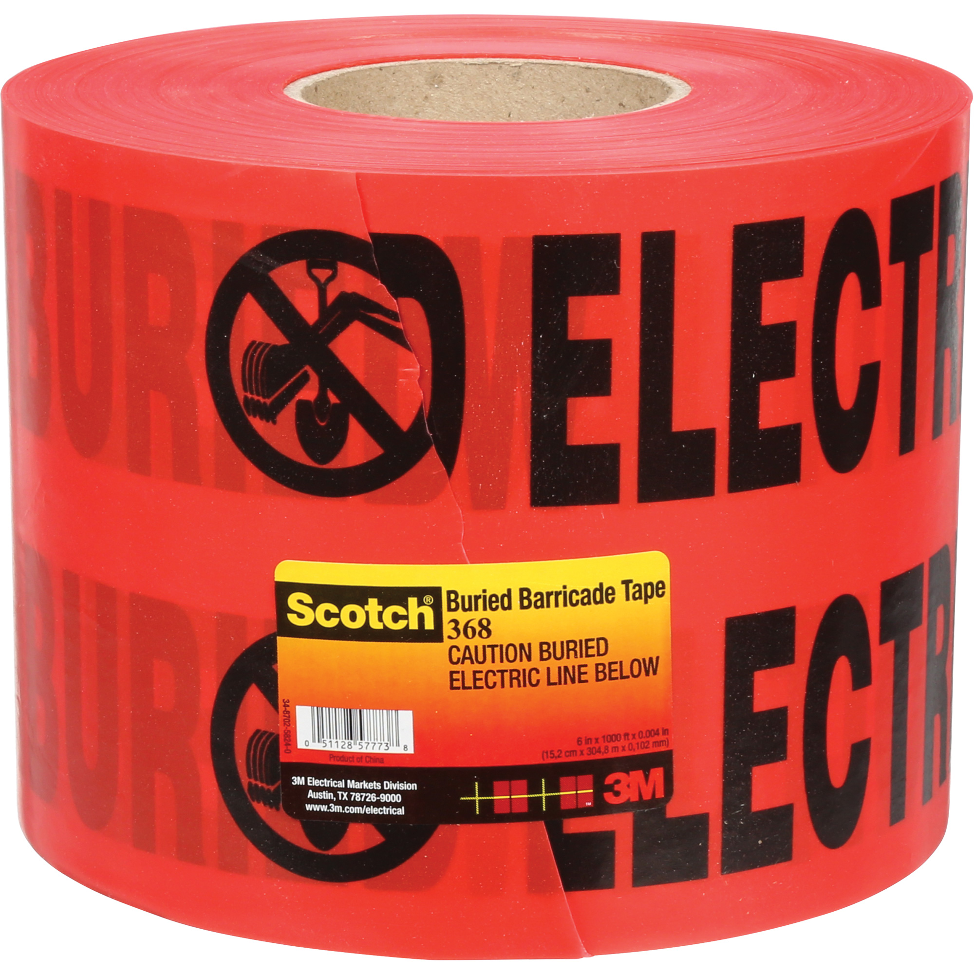 Ruban pour barrières pour services publics souterrains ScotchMD, Anglais, 6" la x 1000' lo, 4 mils, Noir/rouge