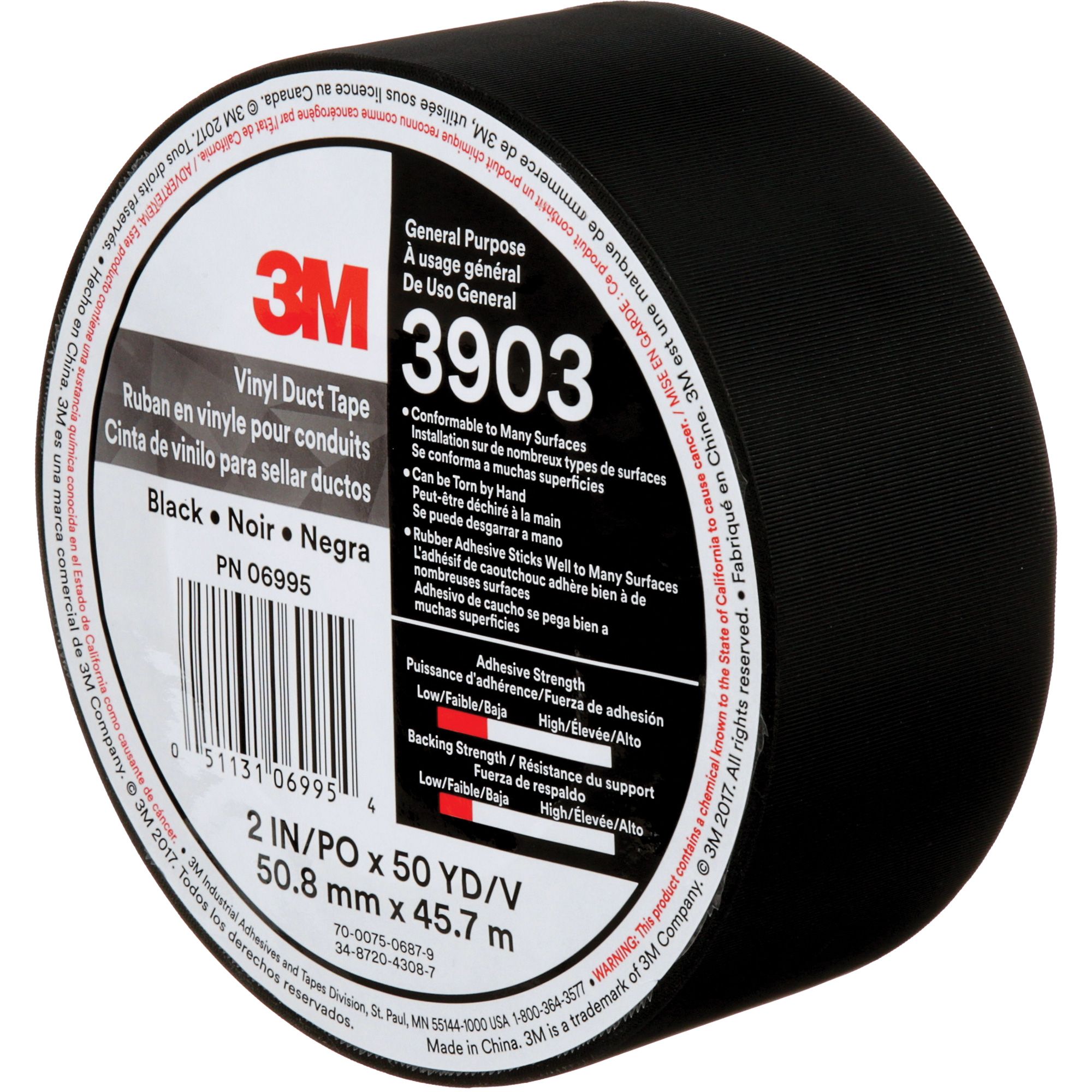 Rubans adhésifs en vinyle 3903, 48 mm (2") la x 45 m (148') lo, 6,5 mils, Noir