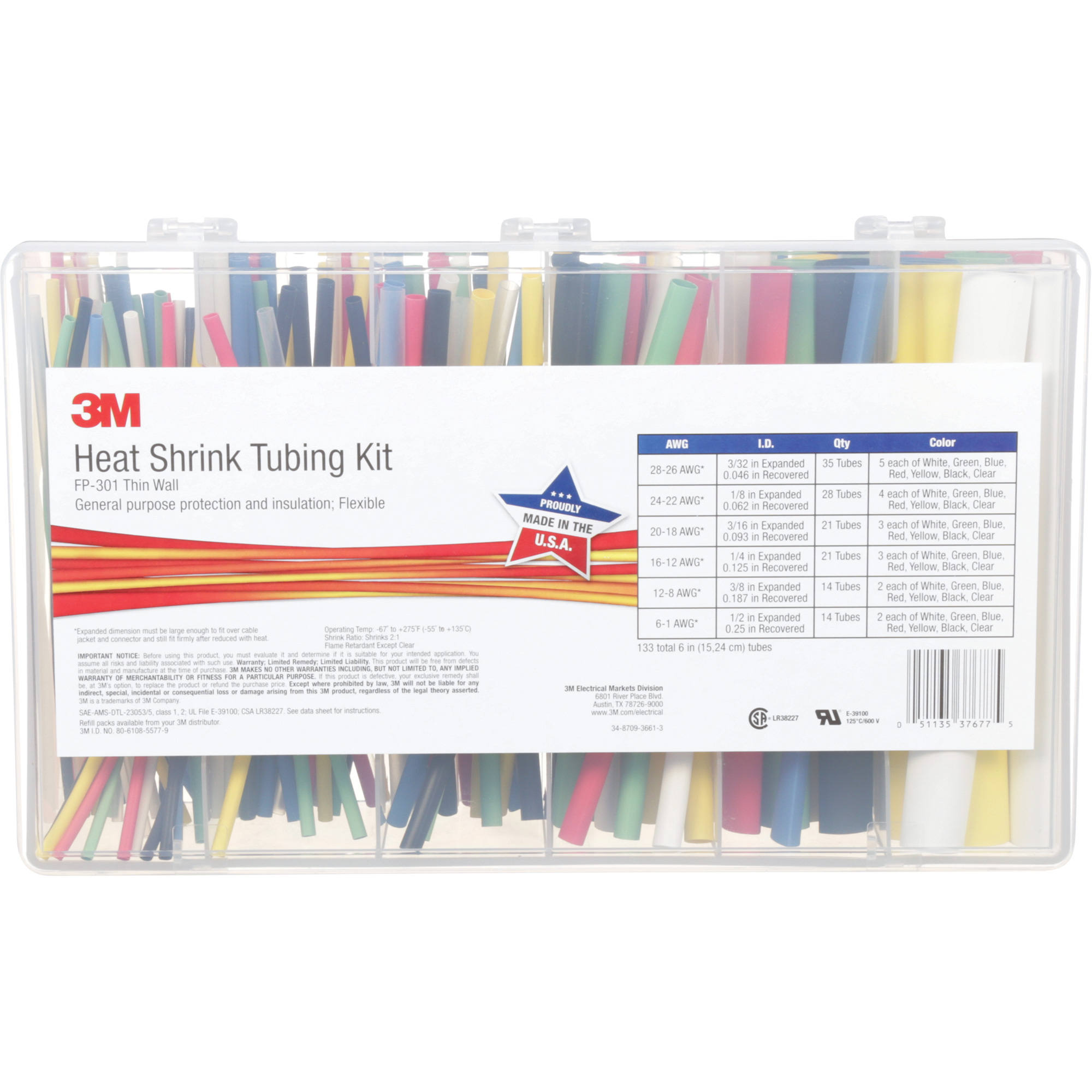 Tube thermorétractable, Paroi mince, 6", 0,5" (1,27cm) - 0,0938" (0,24cm)