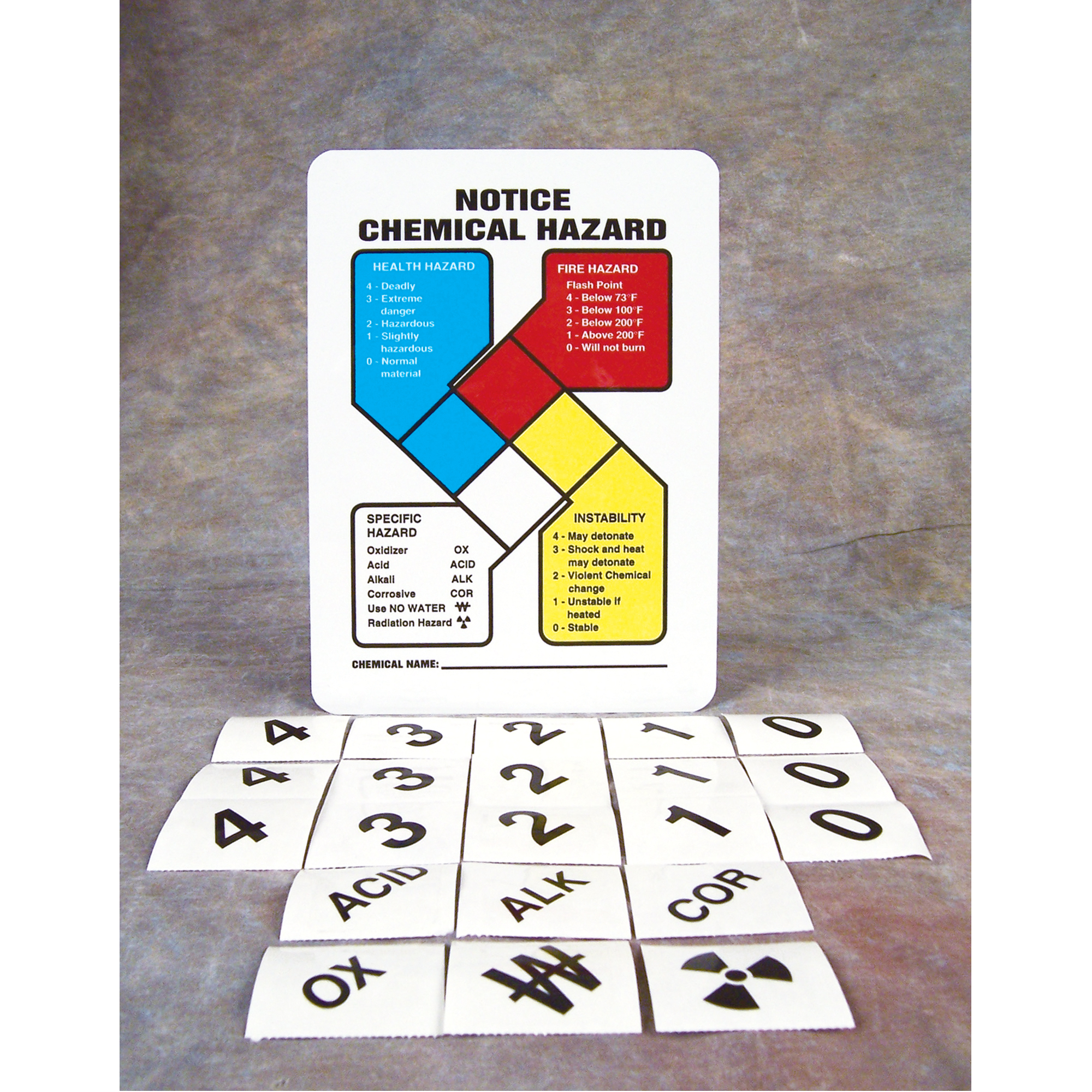 Enseigne de sécurité NFPA « Notice Chemical Hazard », 10" x 10", Aluminium, Anglais avec pictogramme