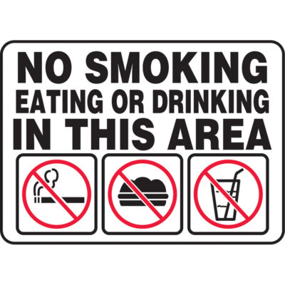 Enseigne « No Smoking, Eating, Or Drinking », 10" x 14", Plastique, Anglais avec pictogramme