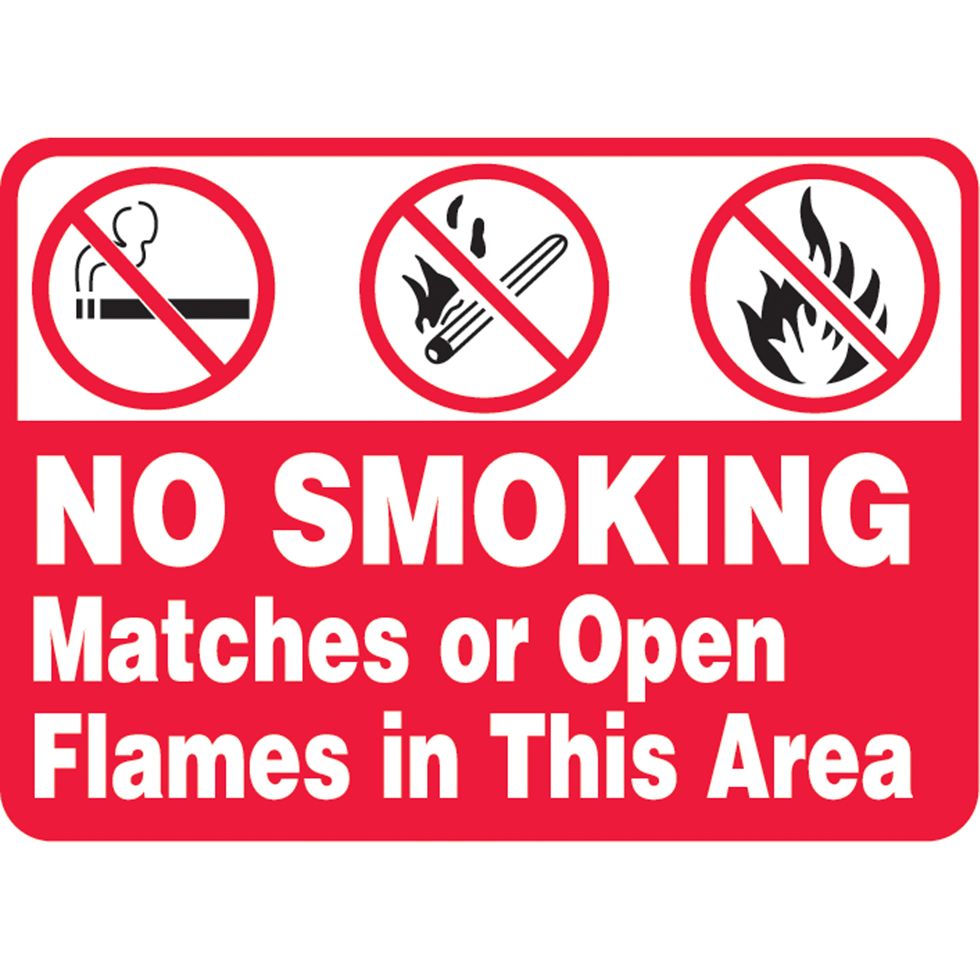 Enseigne « No Smoking, Matches Or Open Flame », 7" x 10", Aluminium, Anglais avec pictogramme